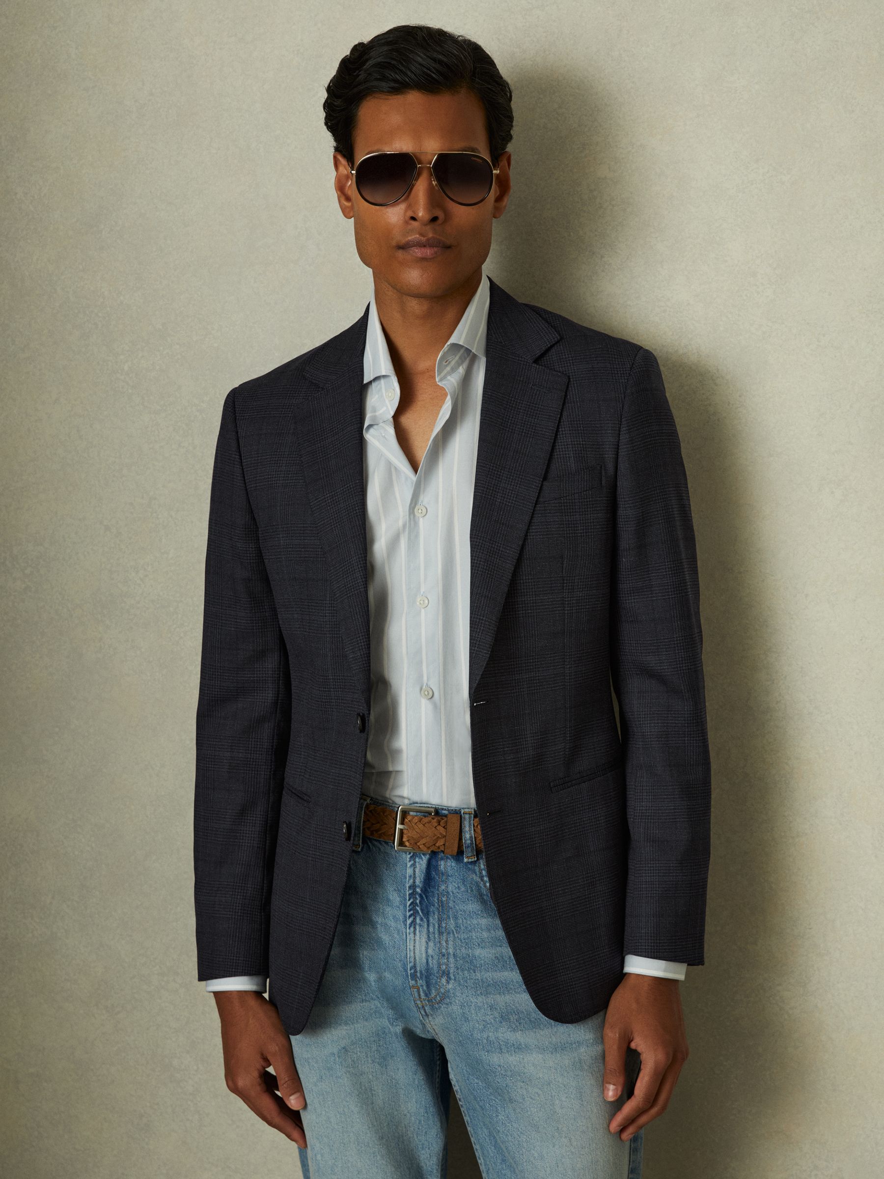 Single-Breasted Wool Blend Blazer in Prince of Wales Check in Navy - Image 1 of 6