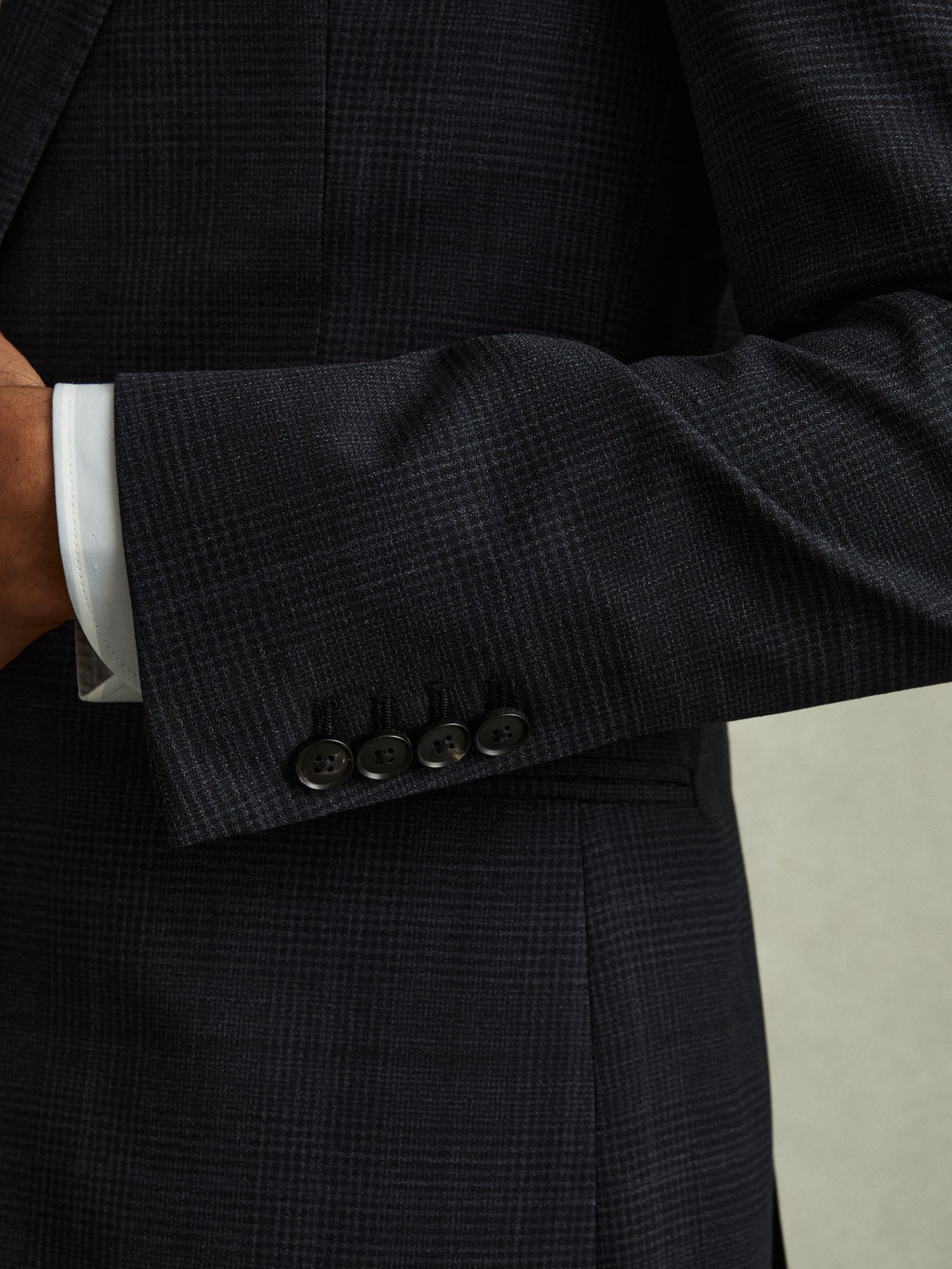 Single-Breasted Wool Blend Blazer in Prince of Wales Check in Navy - Image 3 of 6