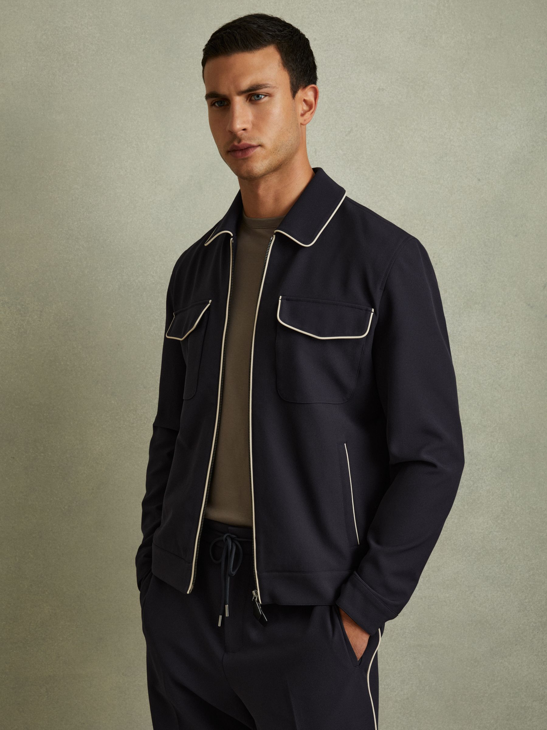 Relaxed Contrast Pipe Detail Jacket in Navy/Ivory Stripe - Image 3 of 6