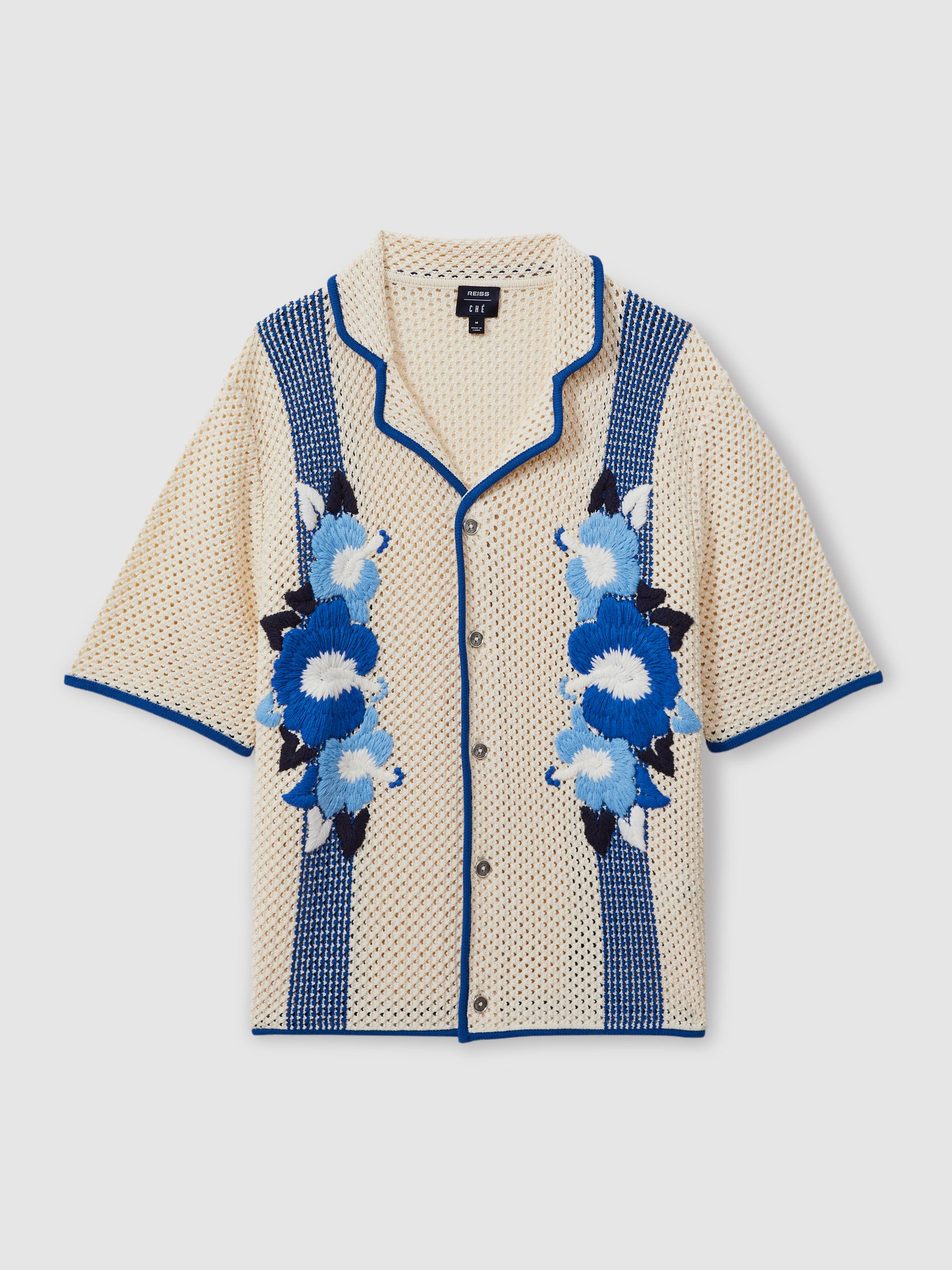 Love Ecru/Blue Ché Open-Stitch Jacquard Cuban Collar Shirt - Image 2 of 6