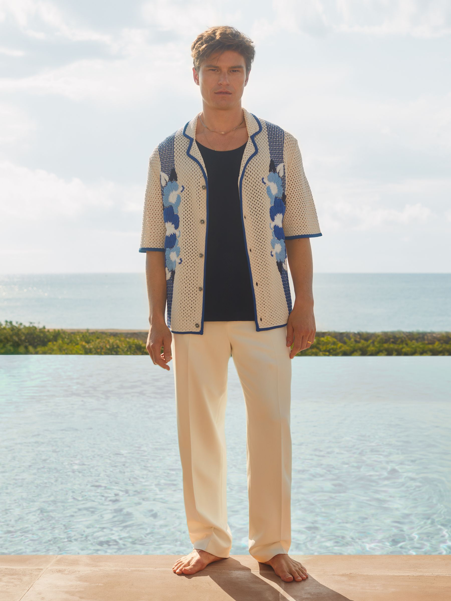 Love Ecru/Blue Ché Open-Stitch Jacquard Cuban Collar Shirt - Image 3 of 6