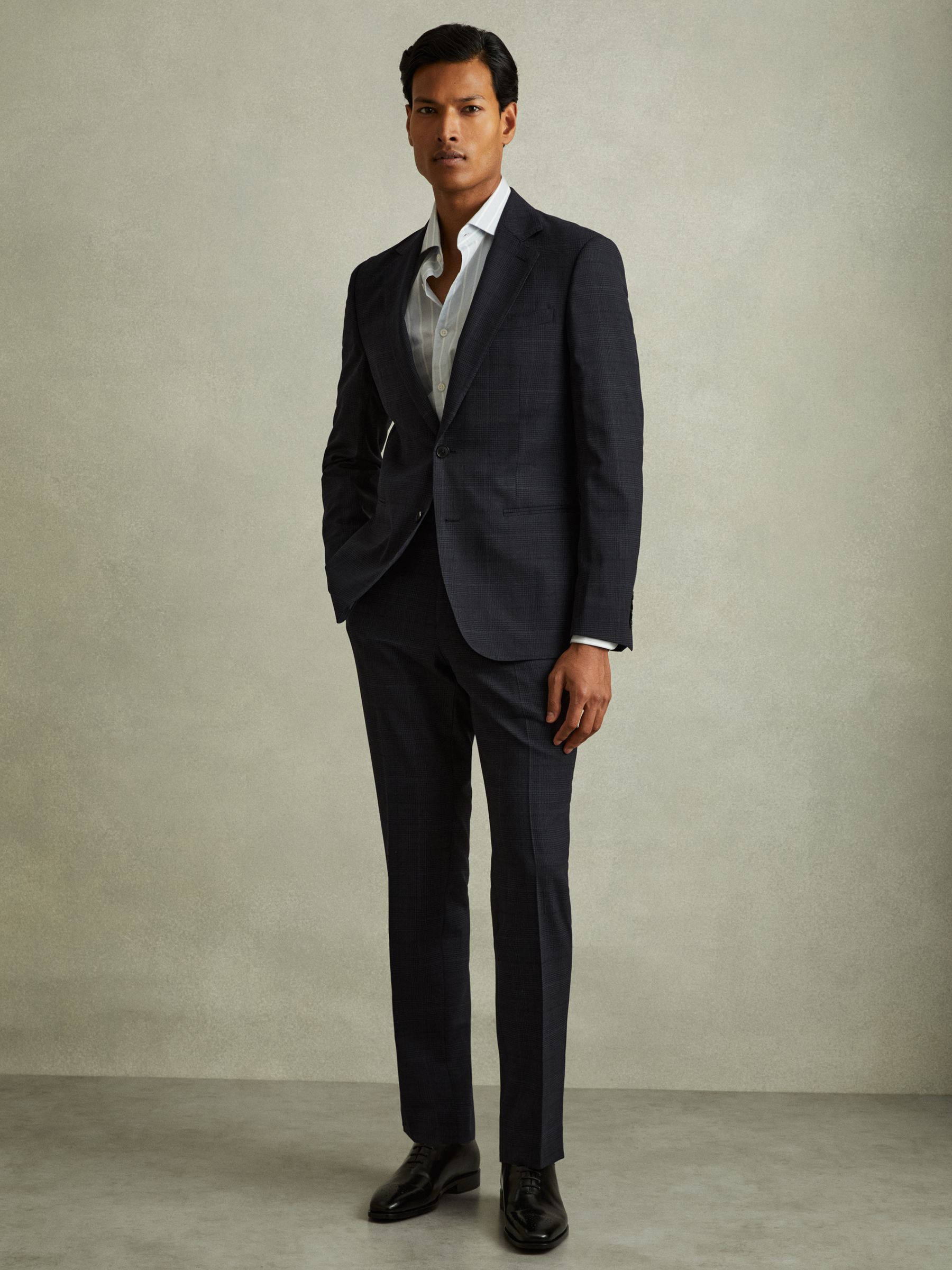 Wool Blend Suit Trousers in Prince of Wales Check in Navy - Image 1 of 5