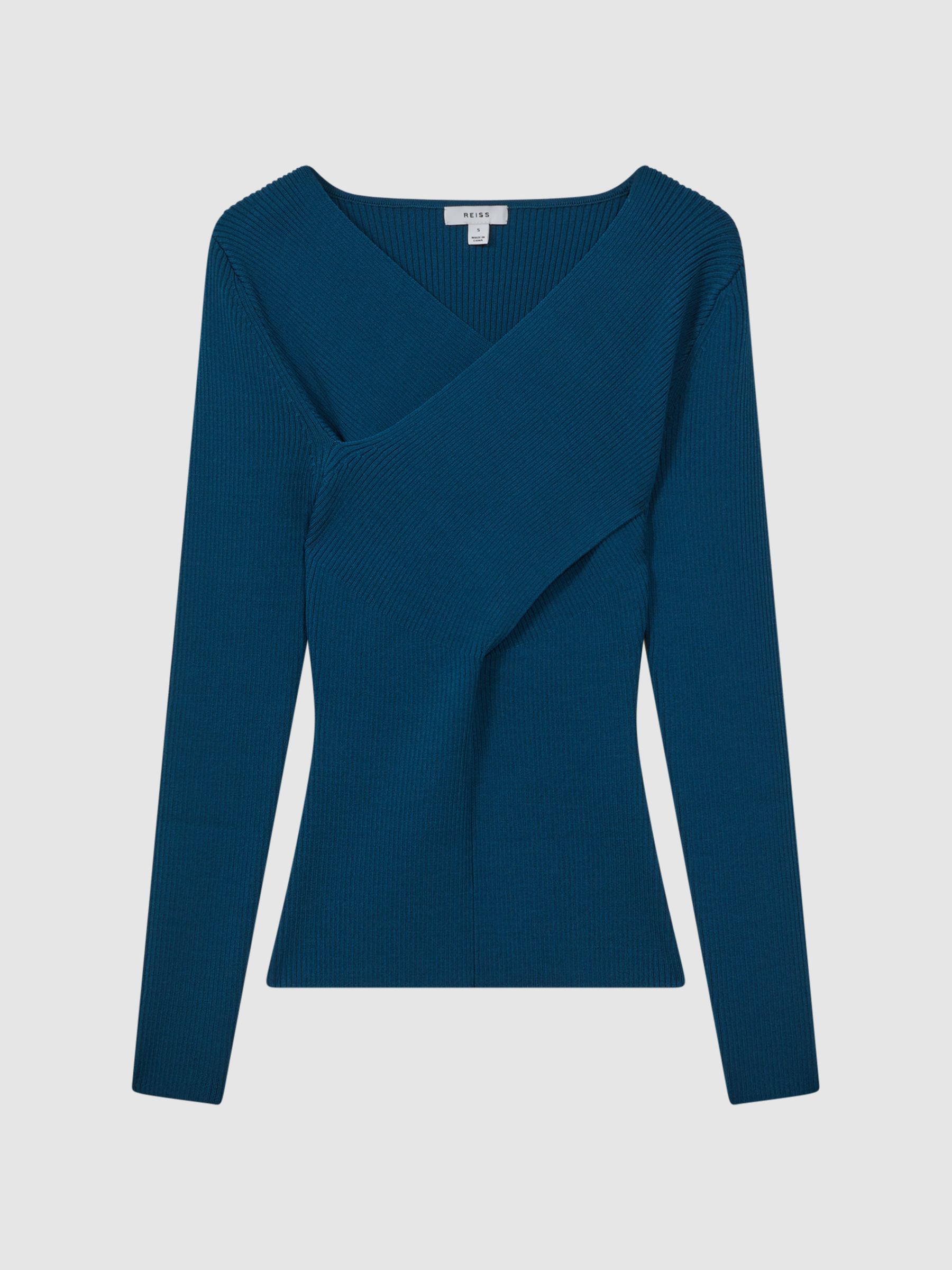 Knitted Wrap Long Sleeve Top in Teal - Image 2 of 5