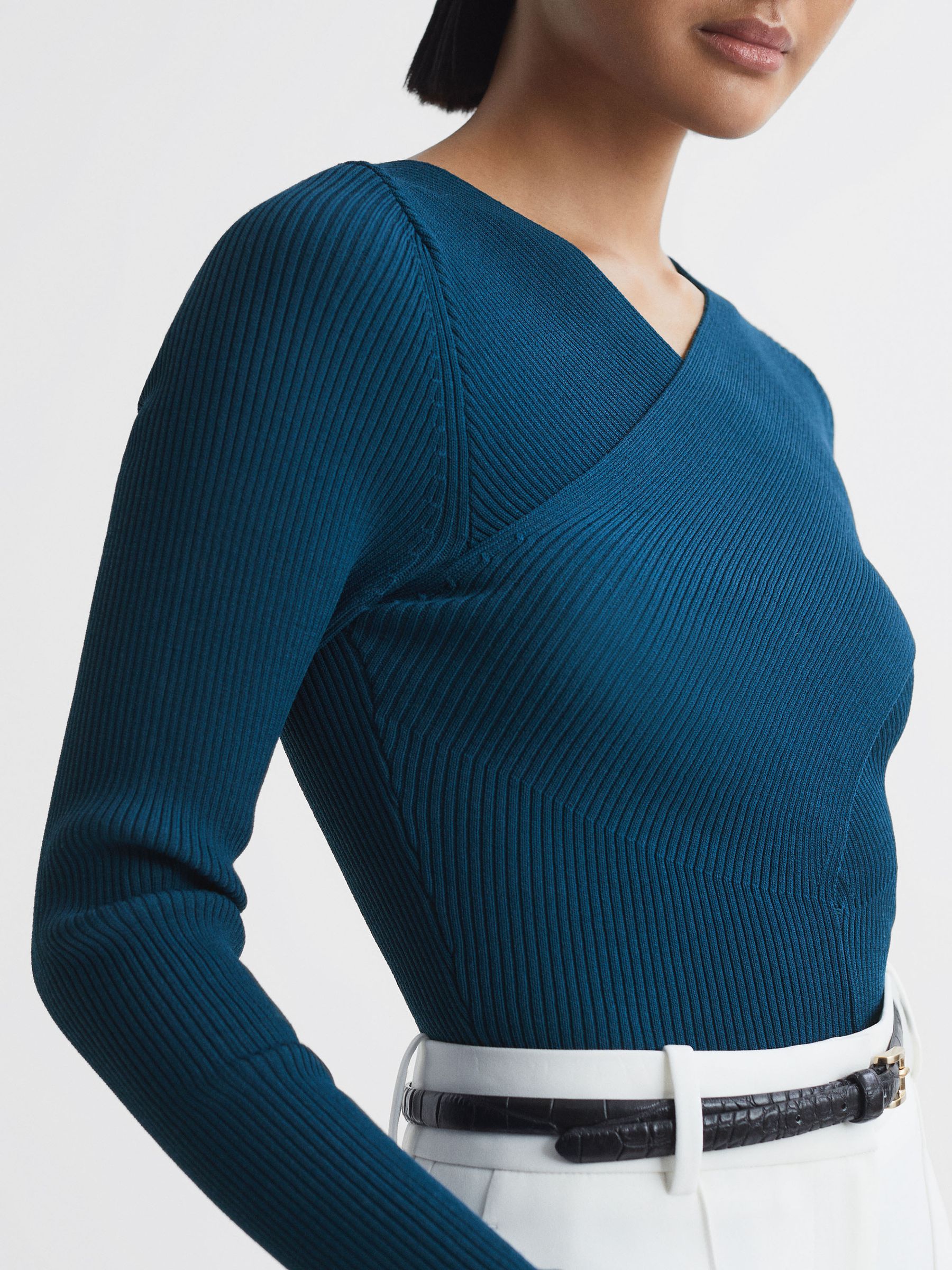 Knitted Wrap Long Sleeve Top in Teal - Image 3 of 5