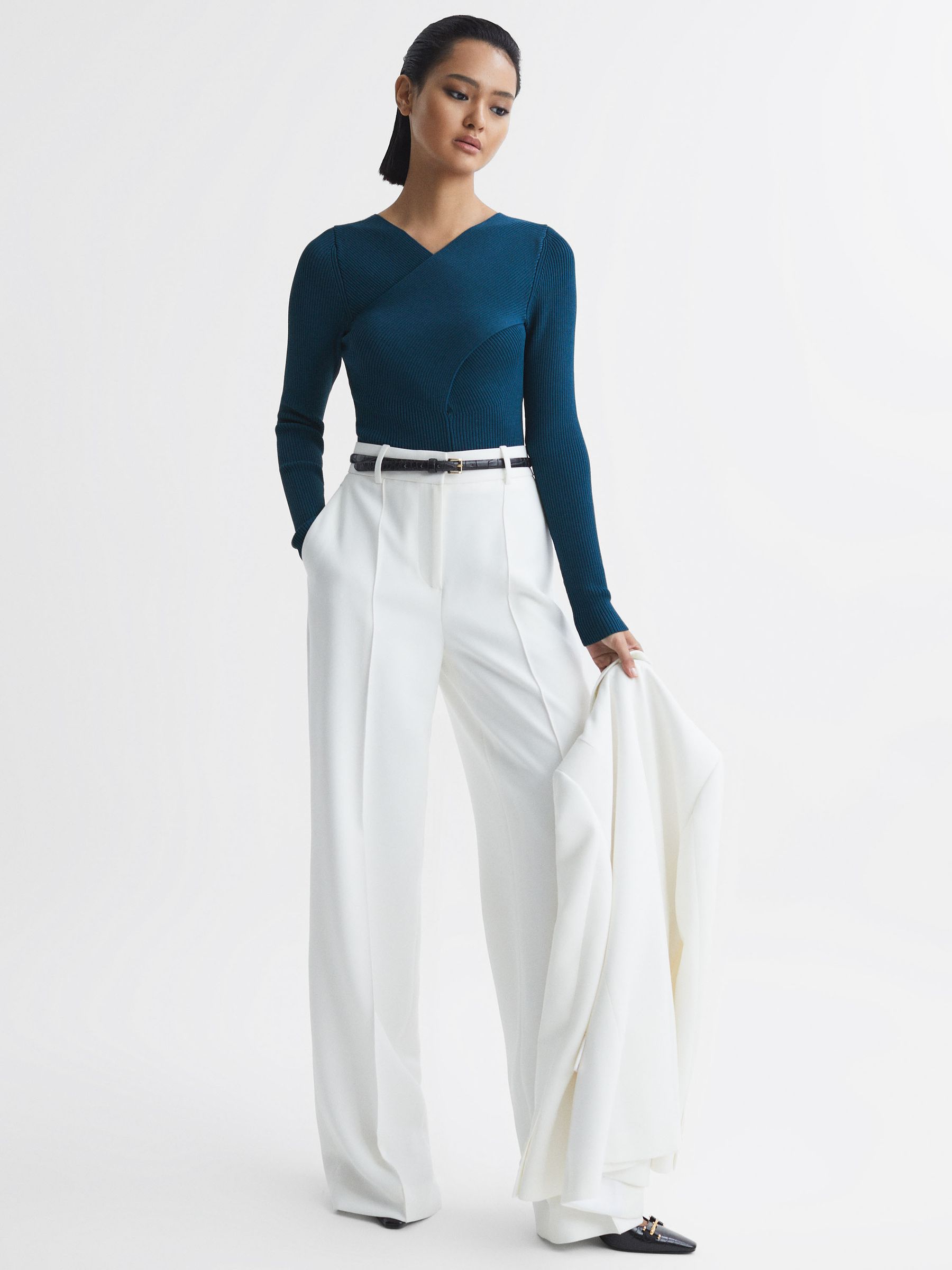 Knitted Wrap Long Sleeve Top in Teal - Image 4 of 5
