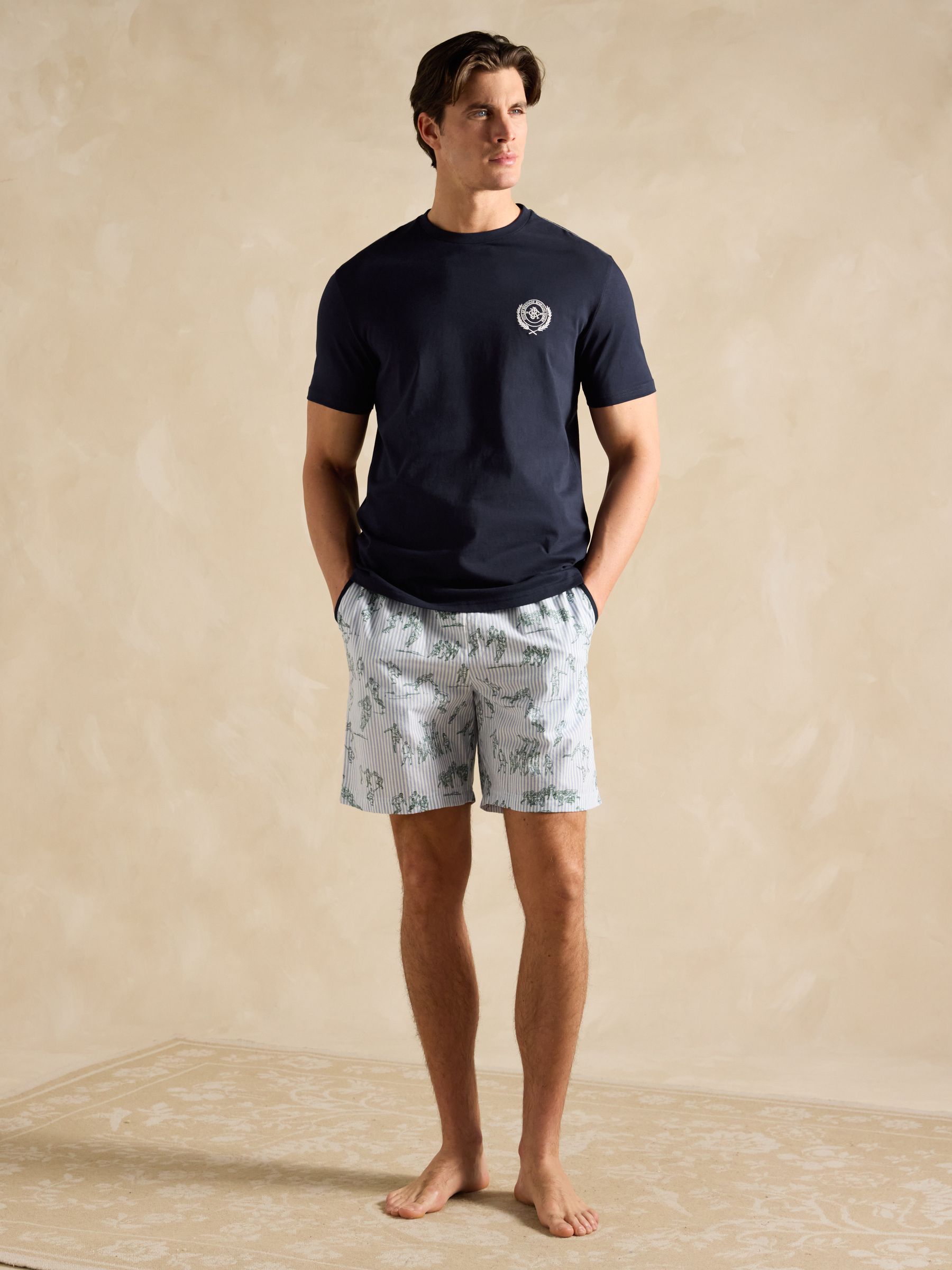 Harford Cream & Navy Short Sleeve Top & Pyjama Set With Packable Travel Bag - Image 1 of 7
