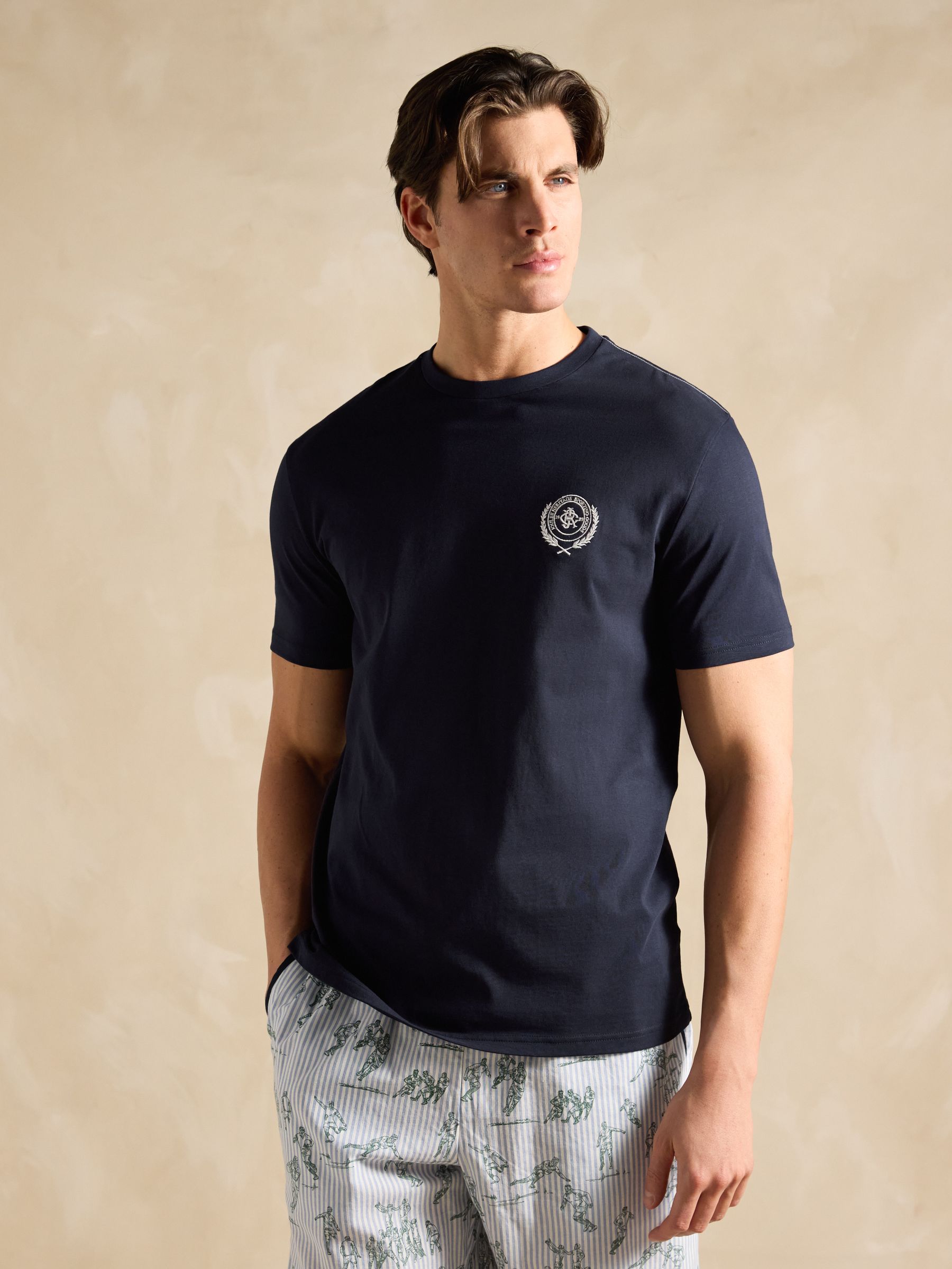 Harford Cream & Navy Short Sleeve Top & Pyjama Set With Packable Travel Bag - Image 5 of 7
