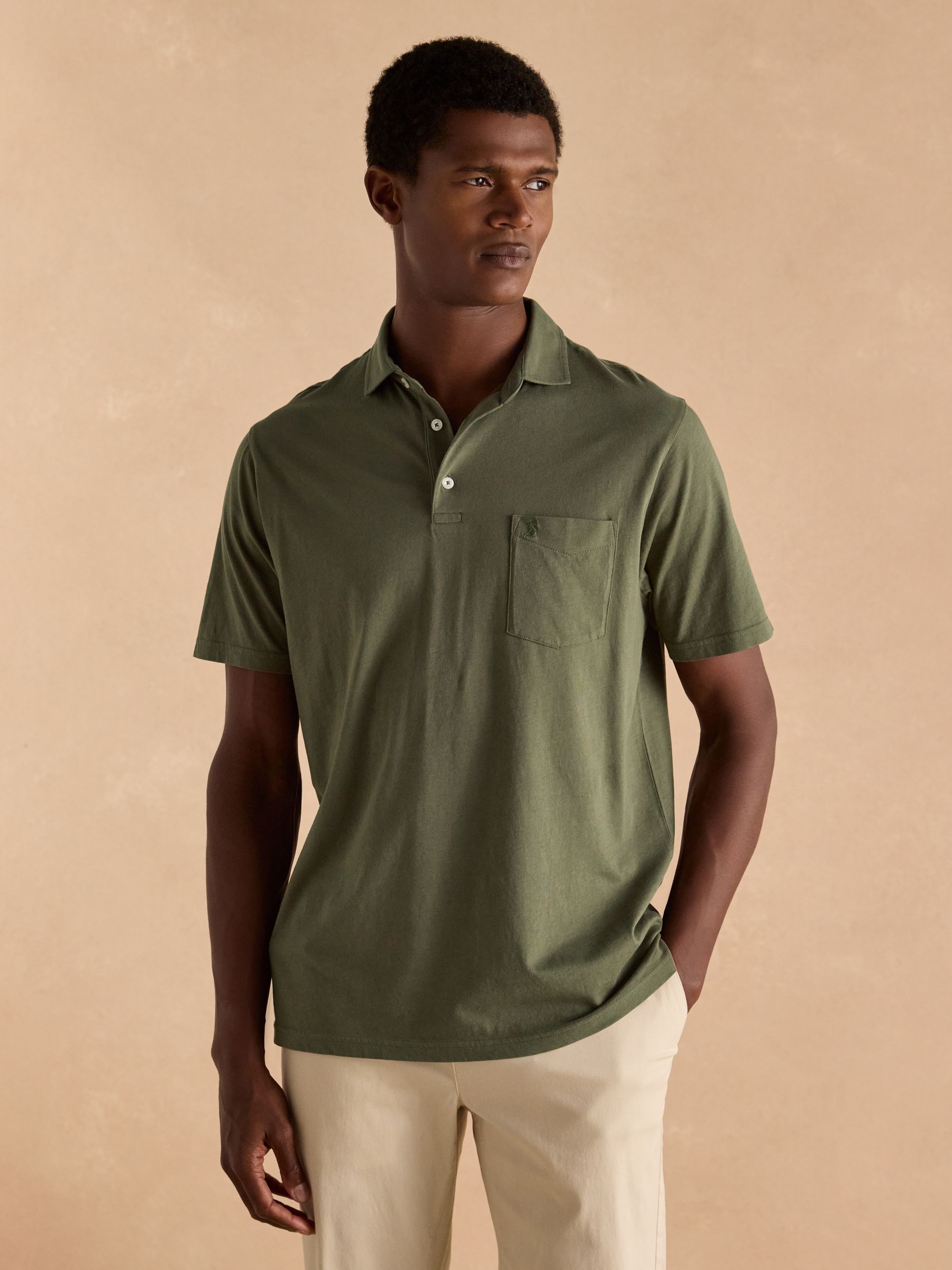 Emmett Khaki Green Soft Cotton Short Sleeve Polo Shirt with Pocket - Image 1 of 7
