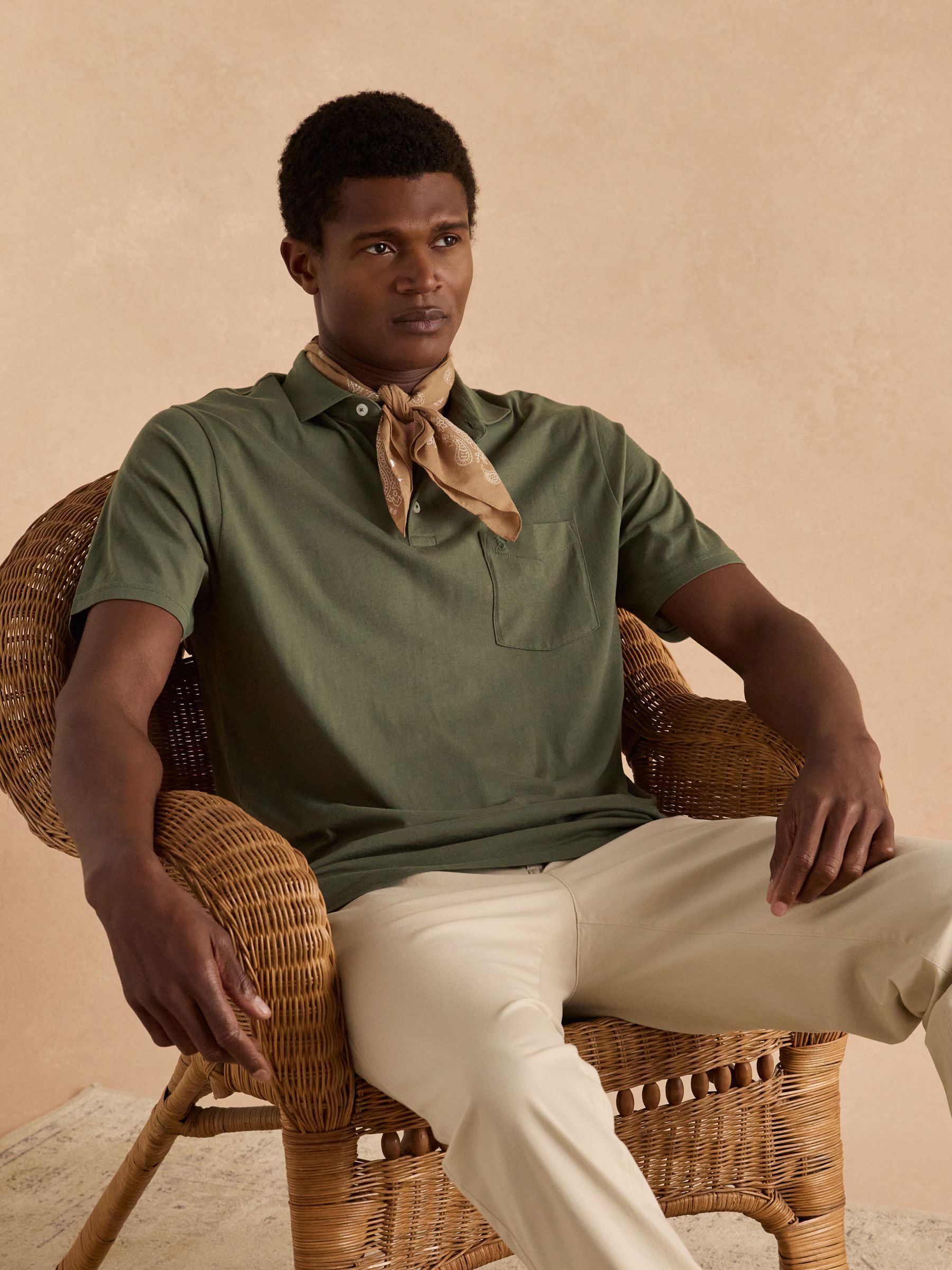 Emmett Khaki Green Soft Cotton Short Sleeve Polo Shirt with Pocket - Image 3 of 7