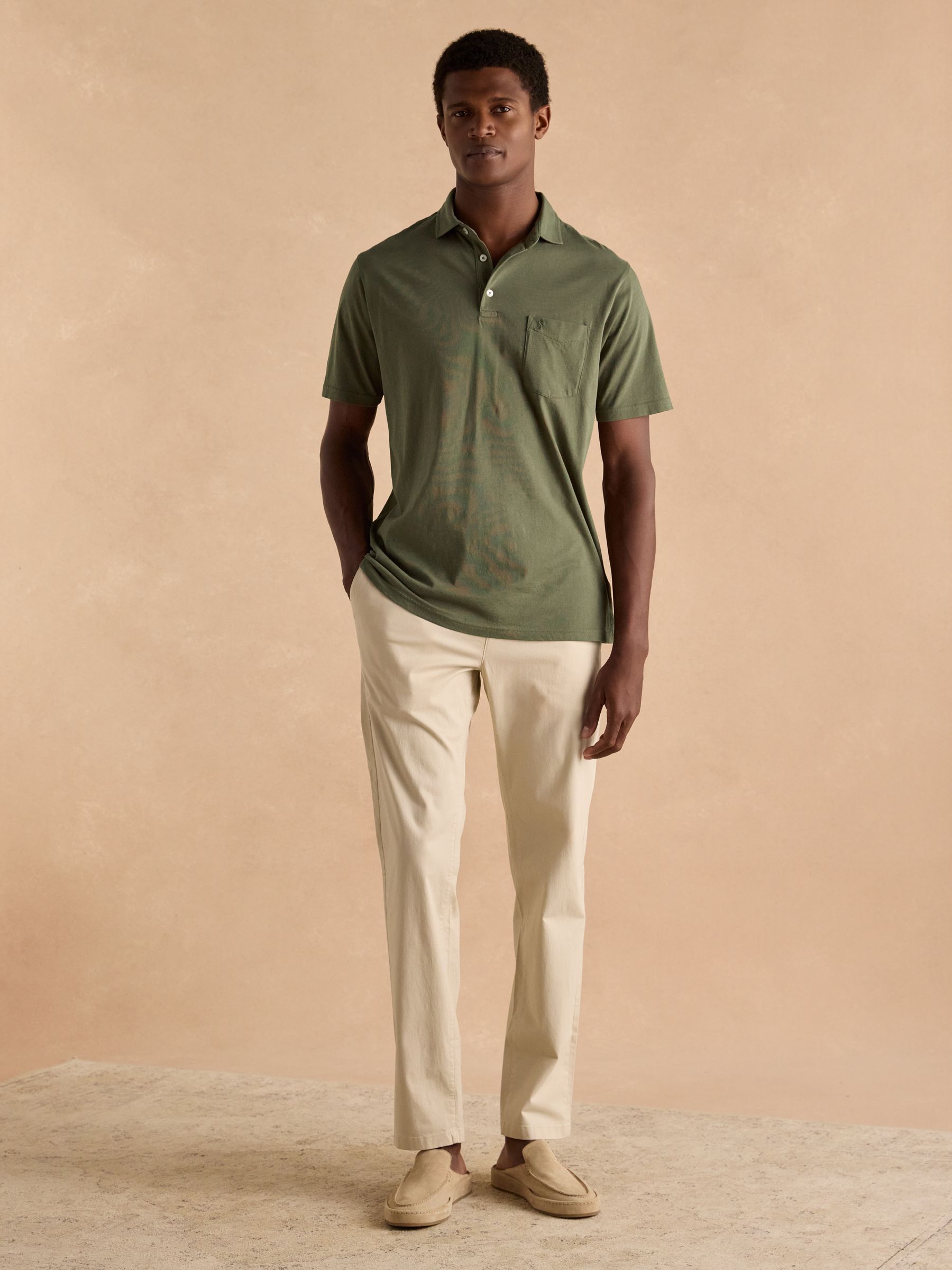 Emmett Khaki Green Soft Cotton Short Sleeve Polo Shirt with Pocket - Image 5 of 7