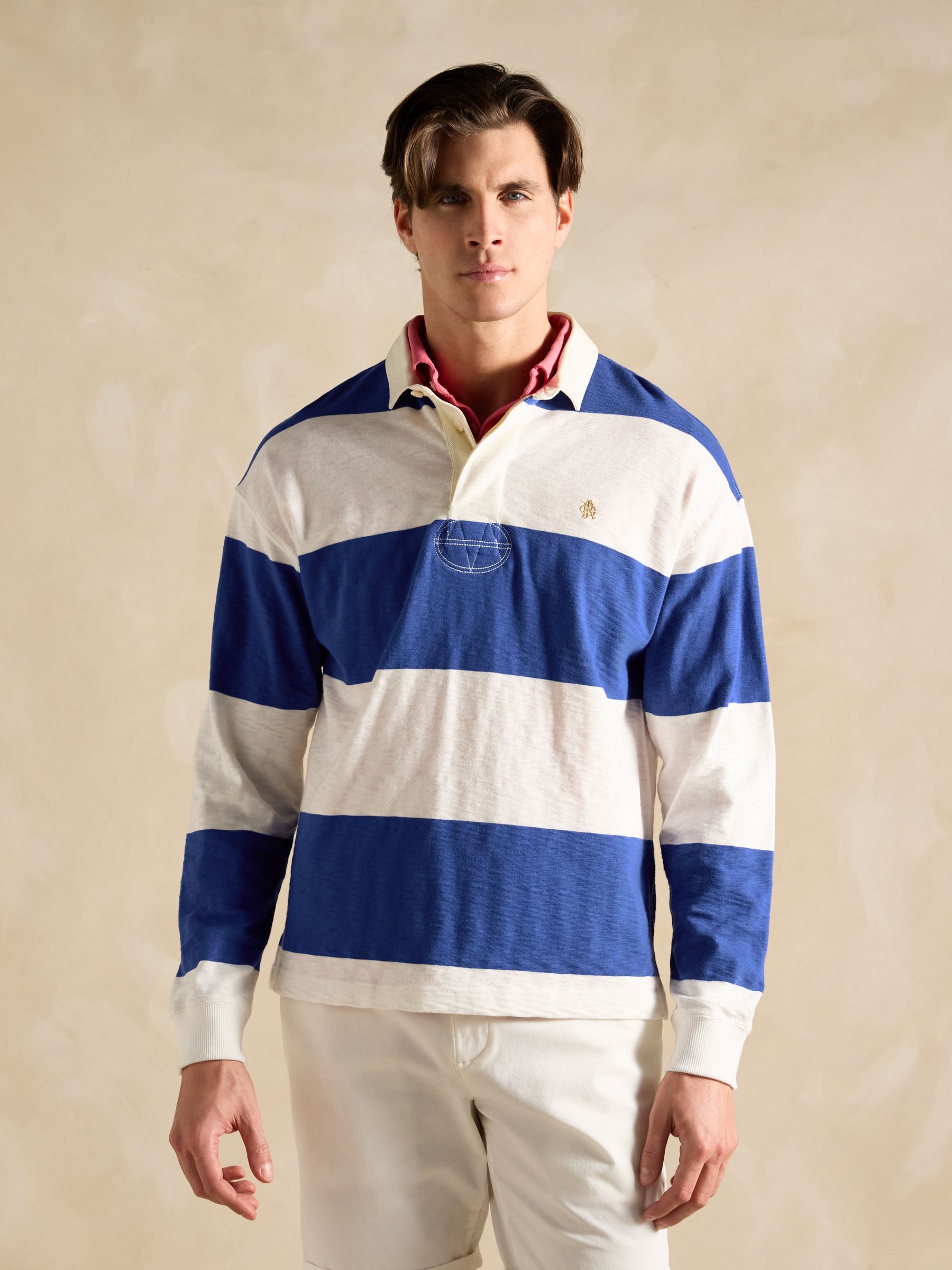 Cream/Blue Lightweight Slub Cotton Rugby Club Shirt - Image 1 of 8
