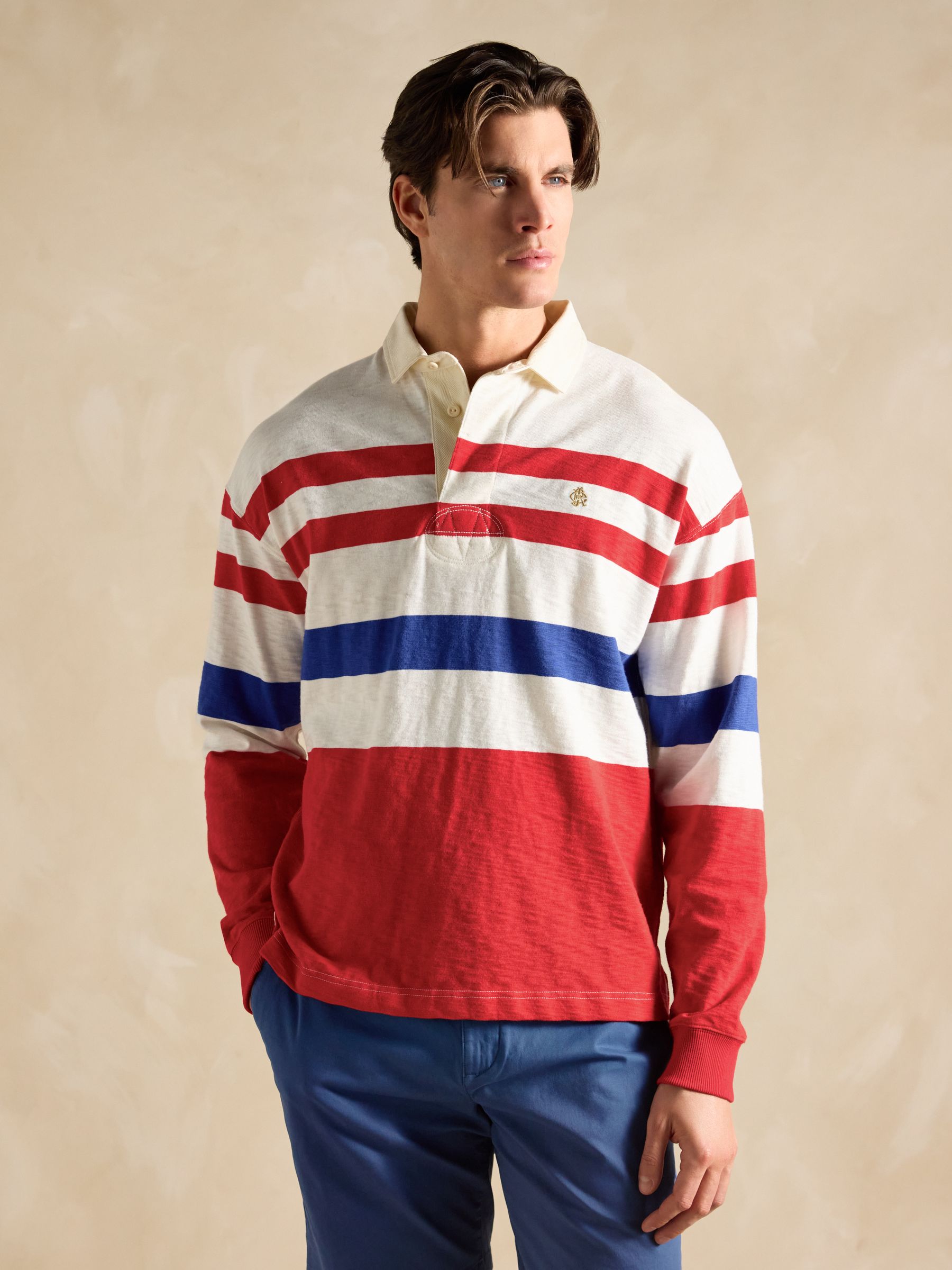 Red/Cream Summer Weight Slub Cotton Rugby Club Shirt Joules