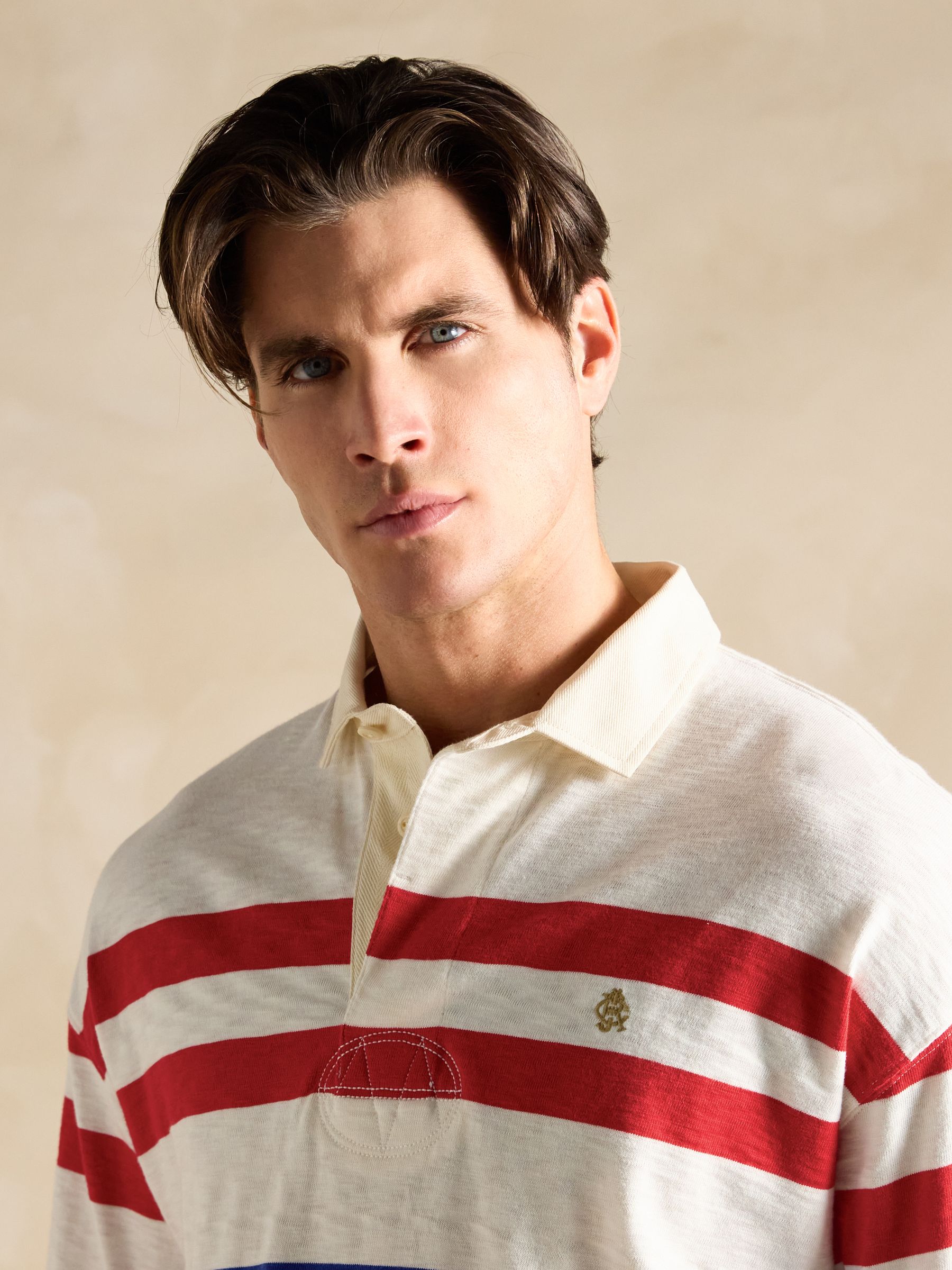 Red/Cream Lightweight Slub Cotton Rugby Club Shirt - Image 4 of 8