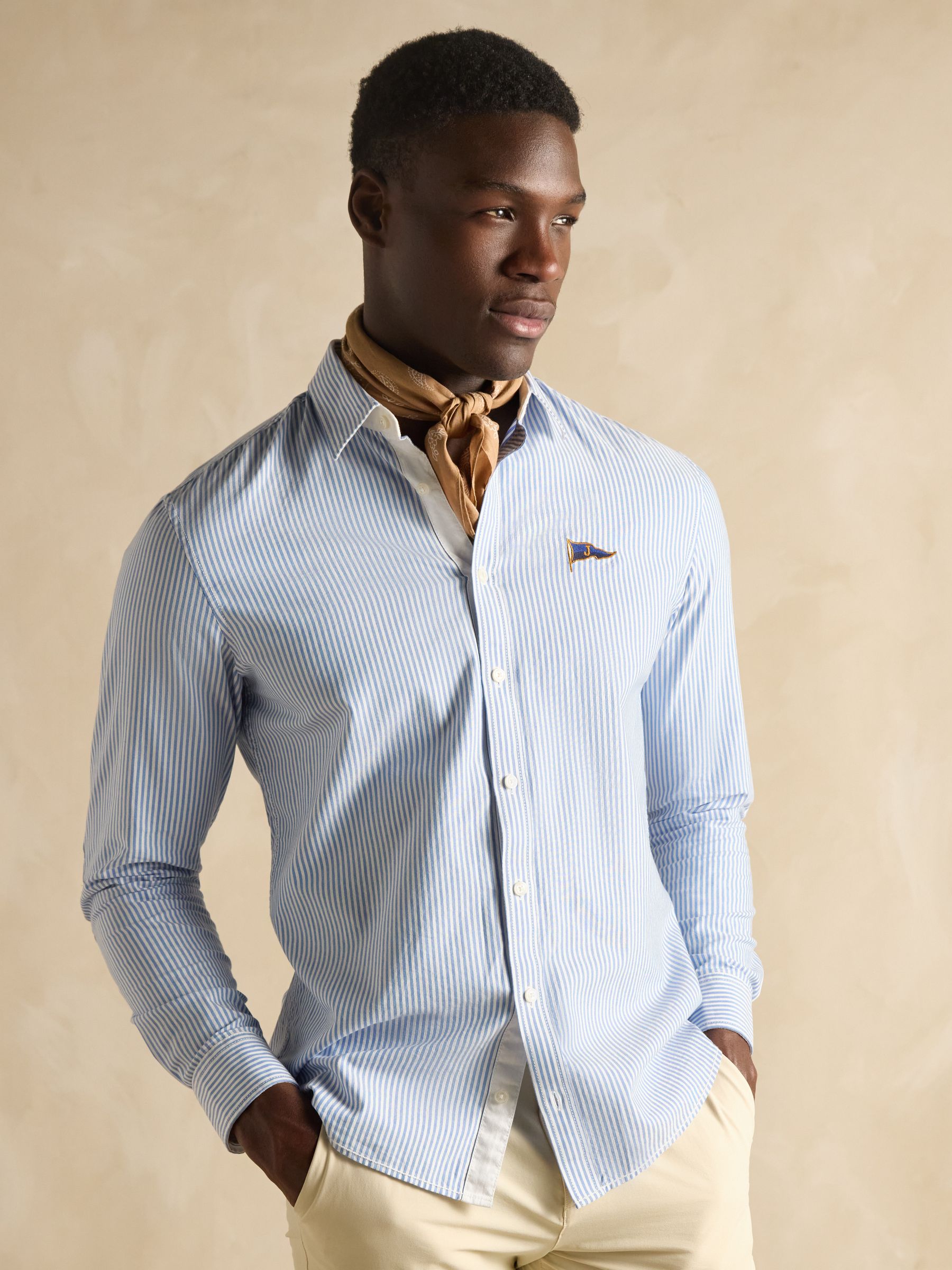 Oxford Embellished Blue Stripe Long Sleeve Classic Fit Cotton Shirt - Image 2 of 12
