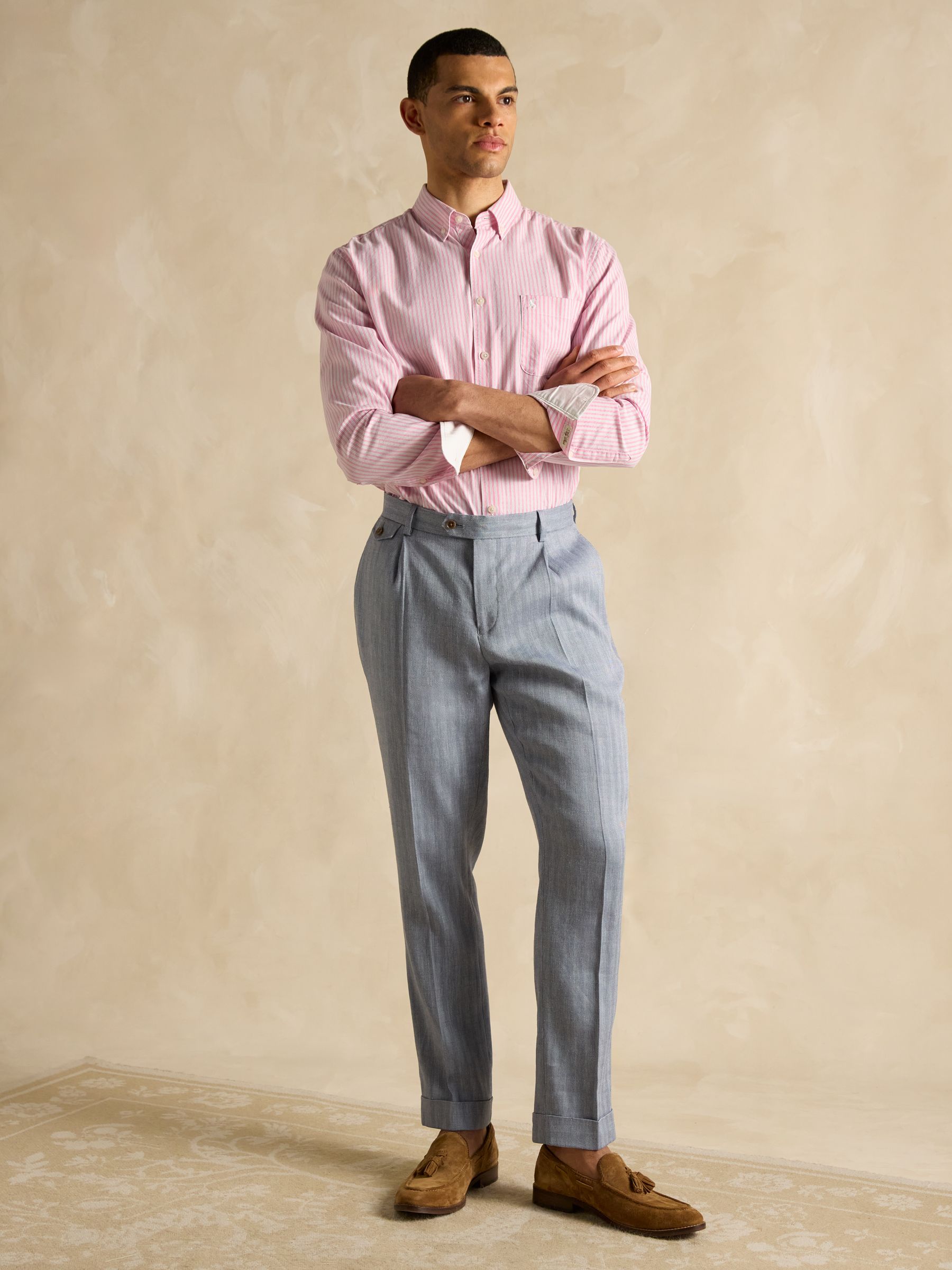 Classic Fit Pink Stripe Long Sleeve Cotton Oxford Shirt - Image 11 of 12