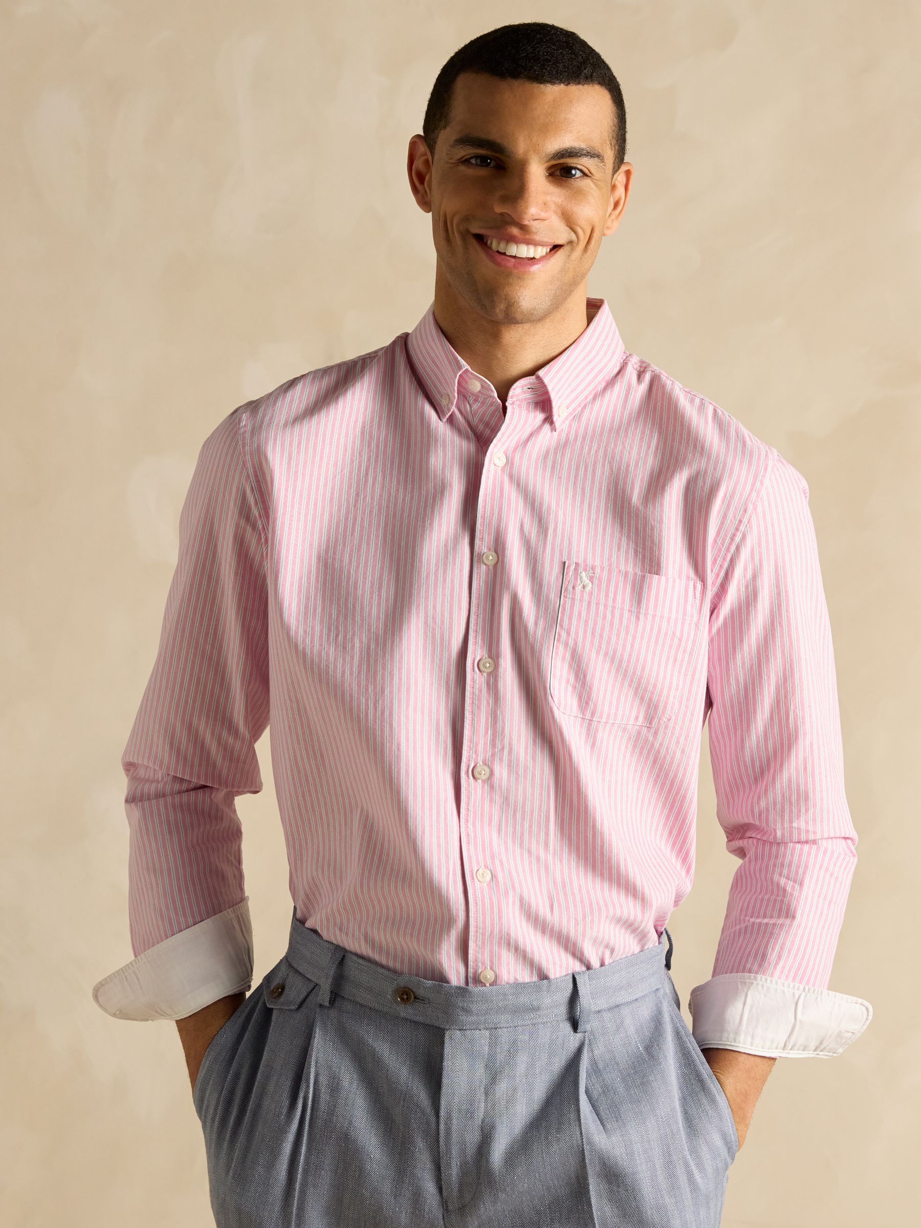 Classic Fit Pink Stripe Long Sleeve Cotton Oxford Shirt - Image 6 of 12