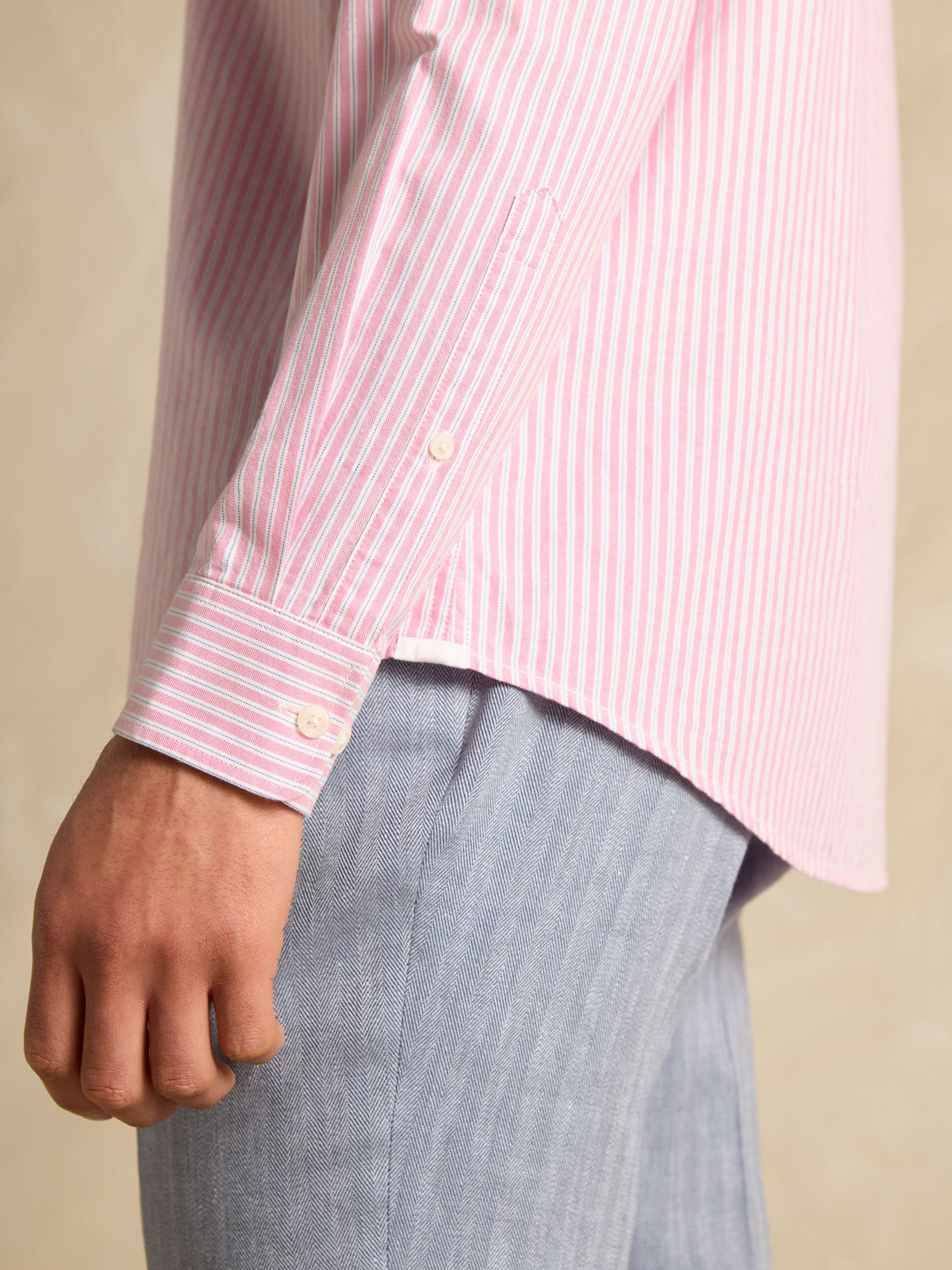 Classic Fit Pink Stripe Long Sleeve Cotton Oxford Shirt - Image 9 of 12