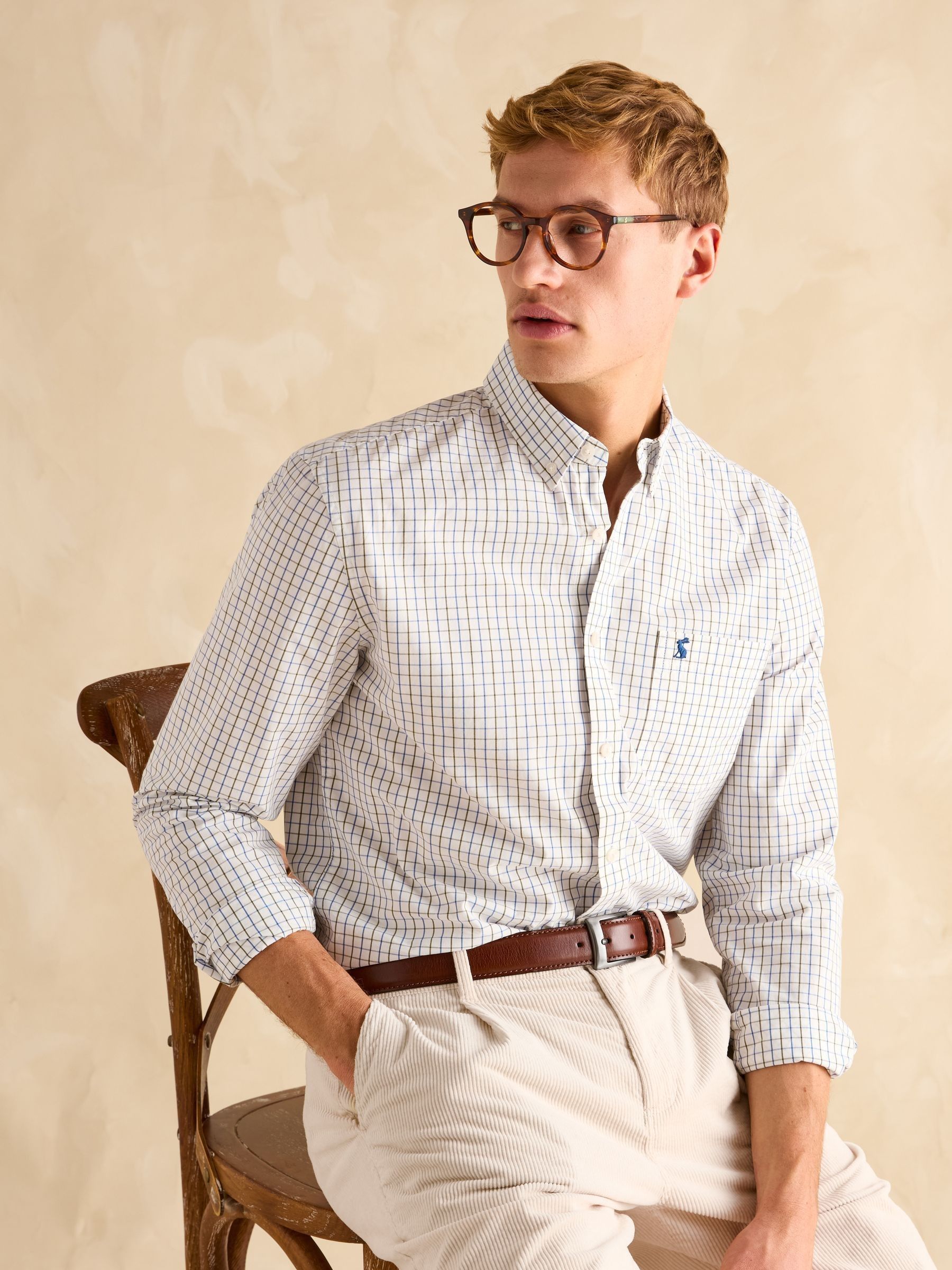 Poplin Blue & Green Check Classic Fit Shirt - Image 5 of 9