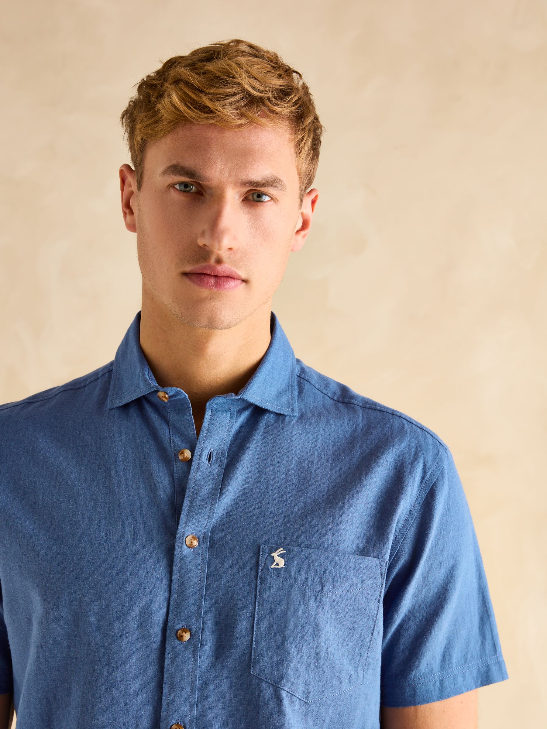 Linen Blend Blue Short Sleeve Shirt - Image 5 of 7
