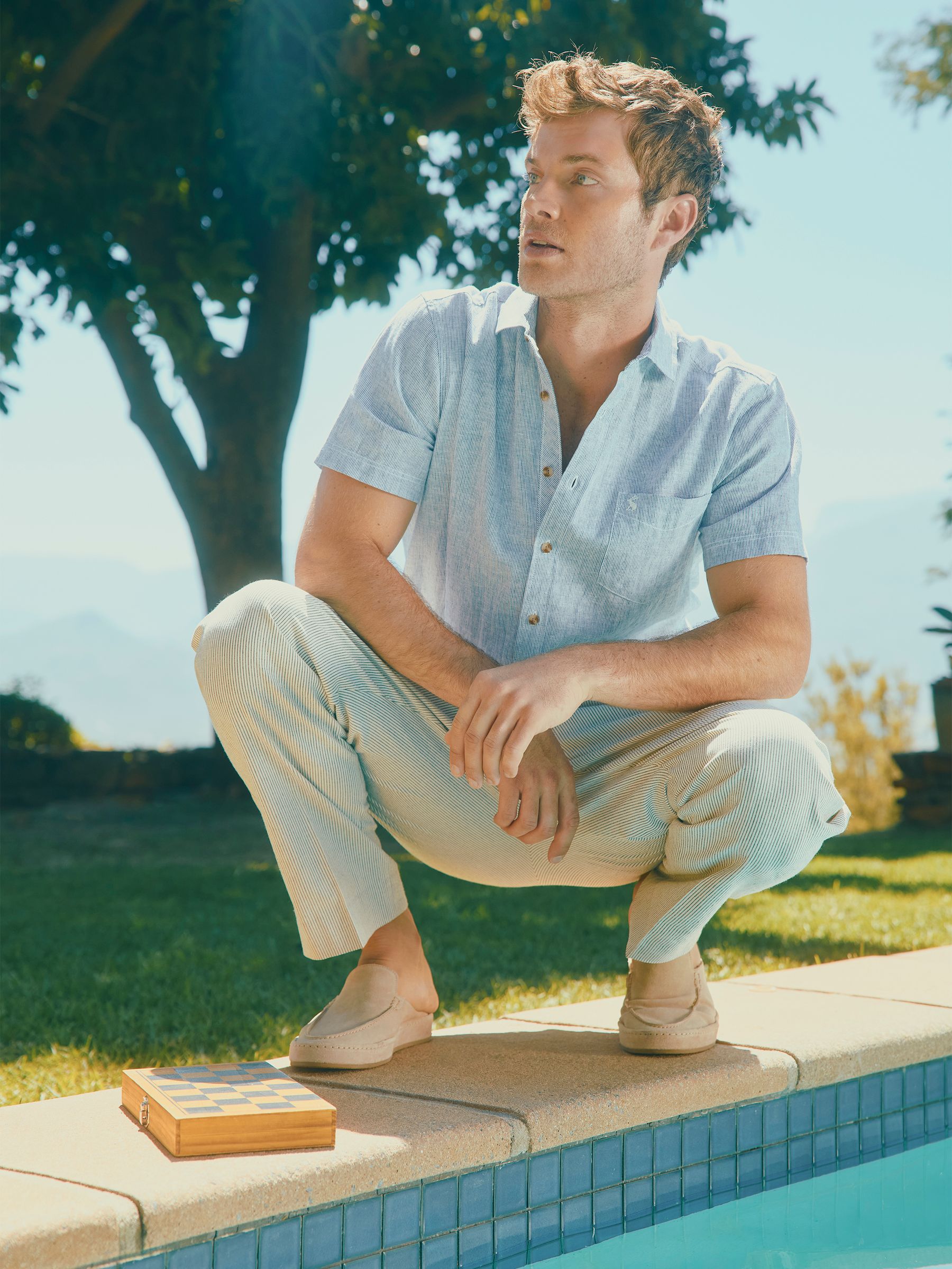 Linen Blend Blue Stripe Short Sleeve Shirt - Image 3 of 7