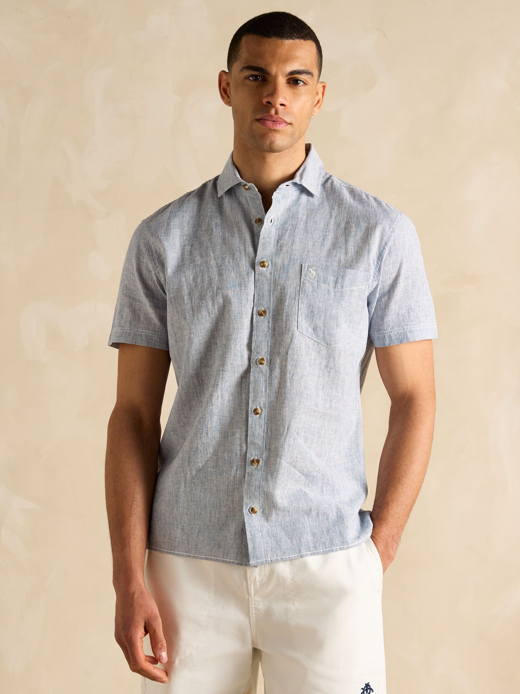 Linen Blend Blue Stripe Short Sleeve Shirt - Image 4 of 7