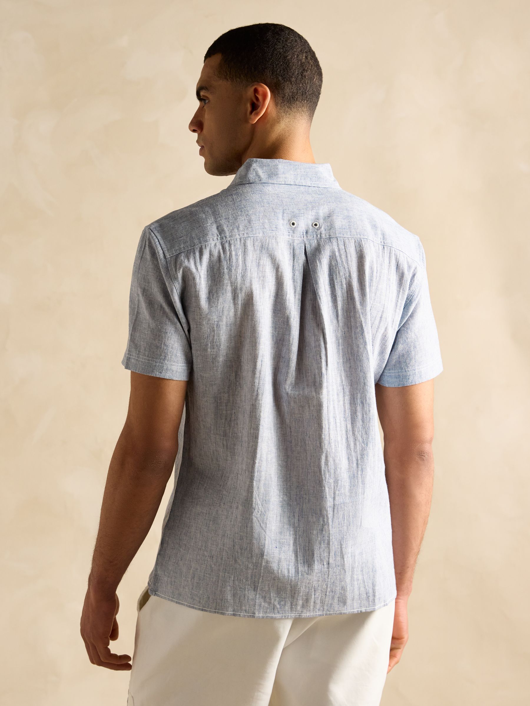 Linen Blend Blue Stripe Short Sleeve Shirt - Image 5 of 7