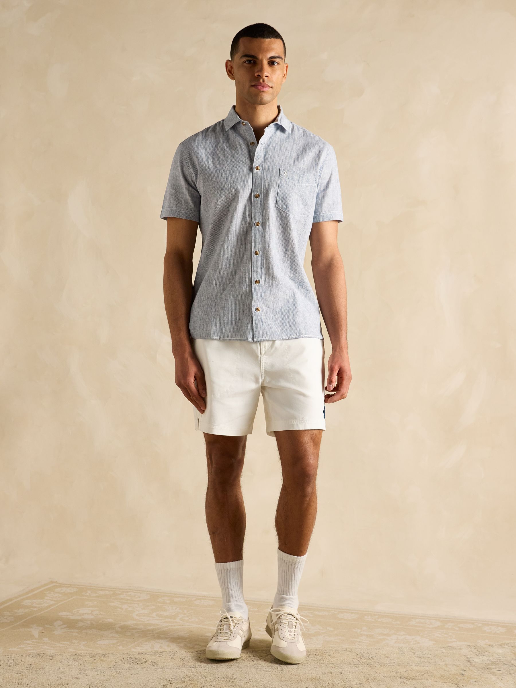 Linen Blend Blue Stripe Short Sleeve Shirt - Image 6 of 7