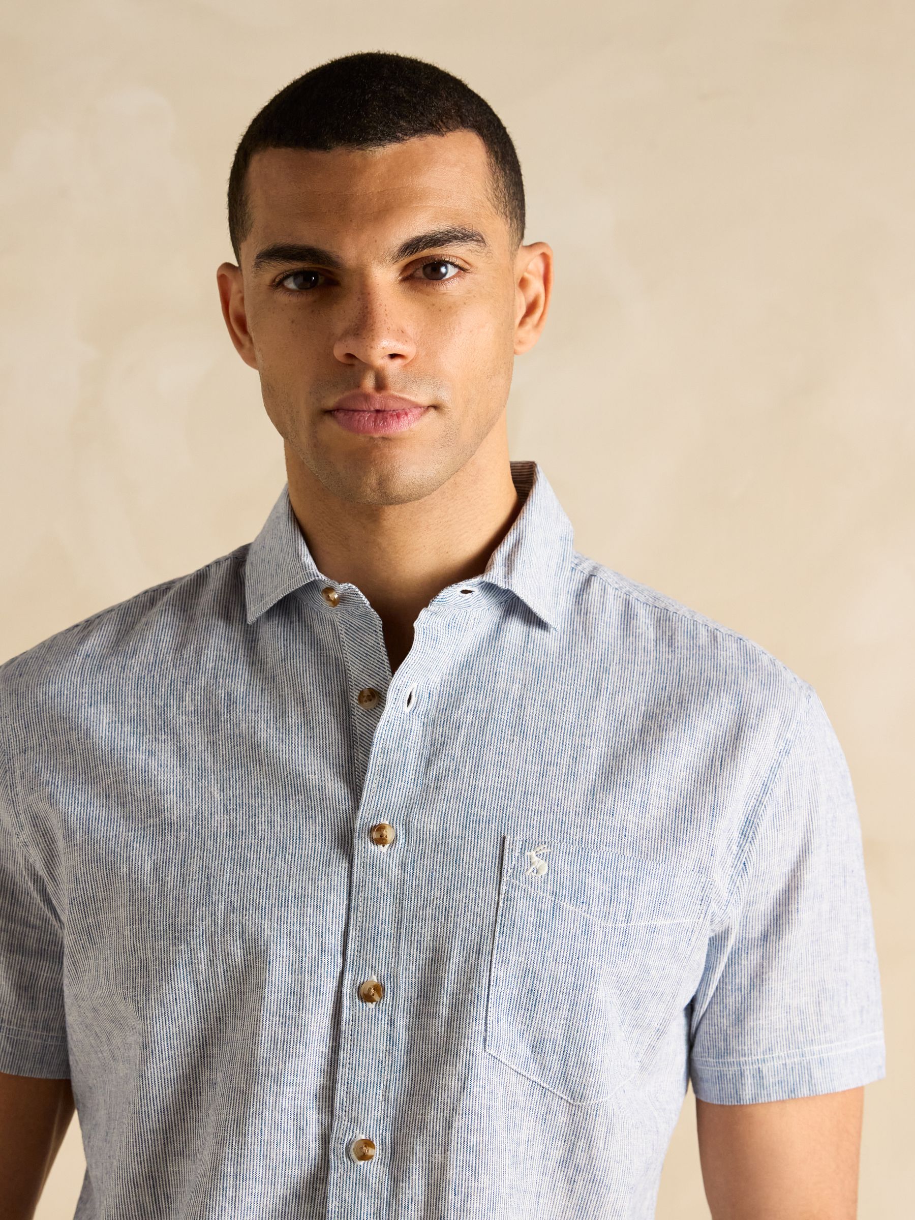 Linen Blend Blue Stripe Short Sleeve Shirt - Image 7 of 7