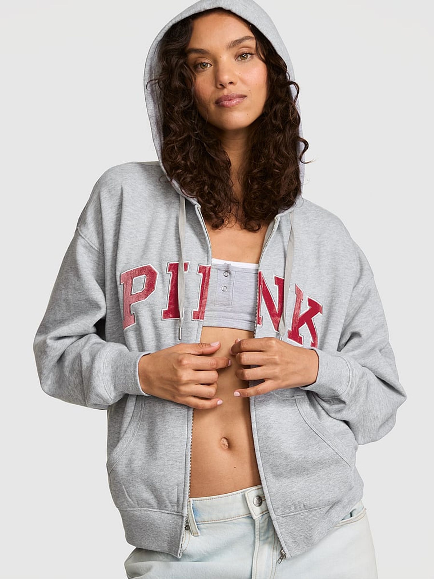 Medium Heather Grey/Red Fleece Zip Up Hoodie - Image 2 of 3