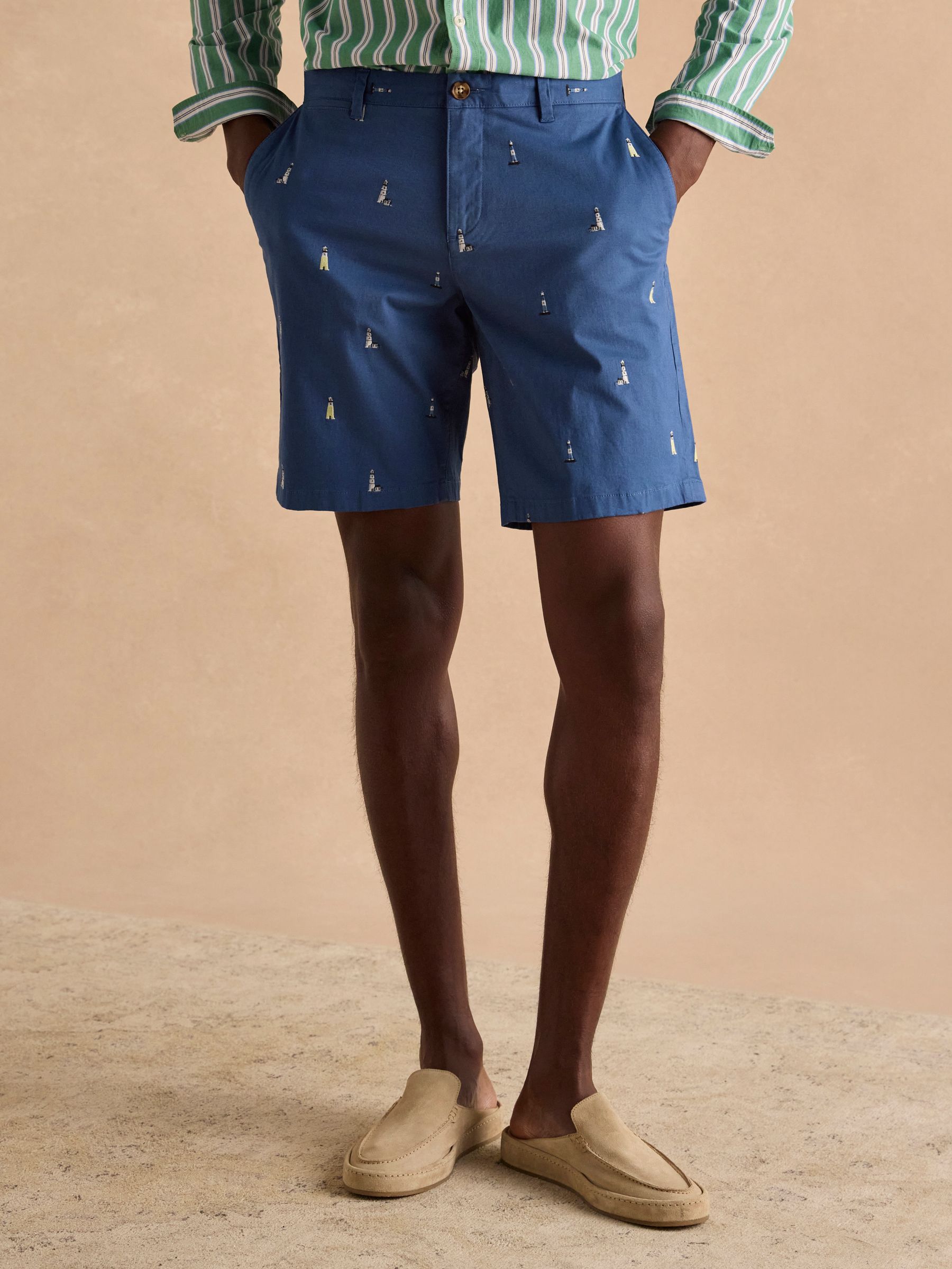 Classic Fit Blue Embroidered Chino Shorts - Image 3 of 9