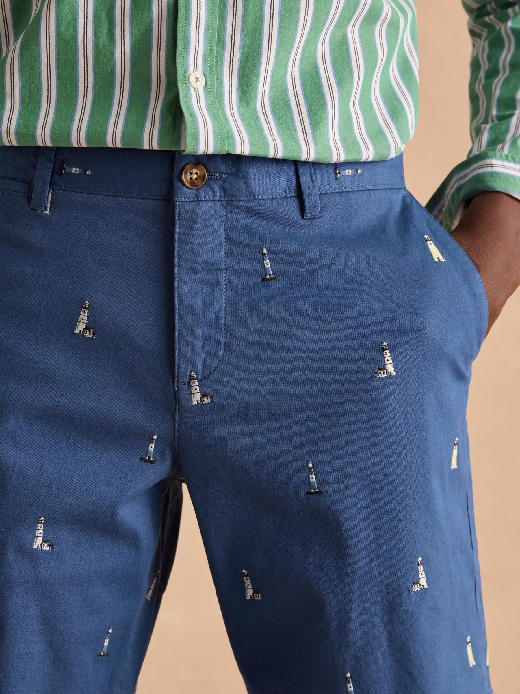 Classic Fit Blue Embroidered Chino Shorts - Image 6 of 9