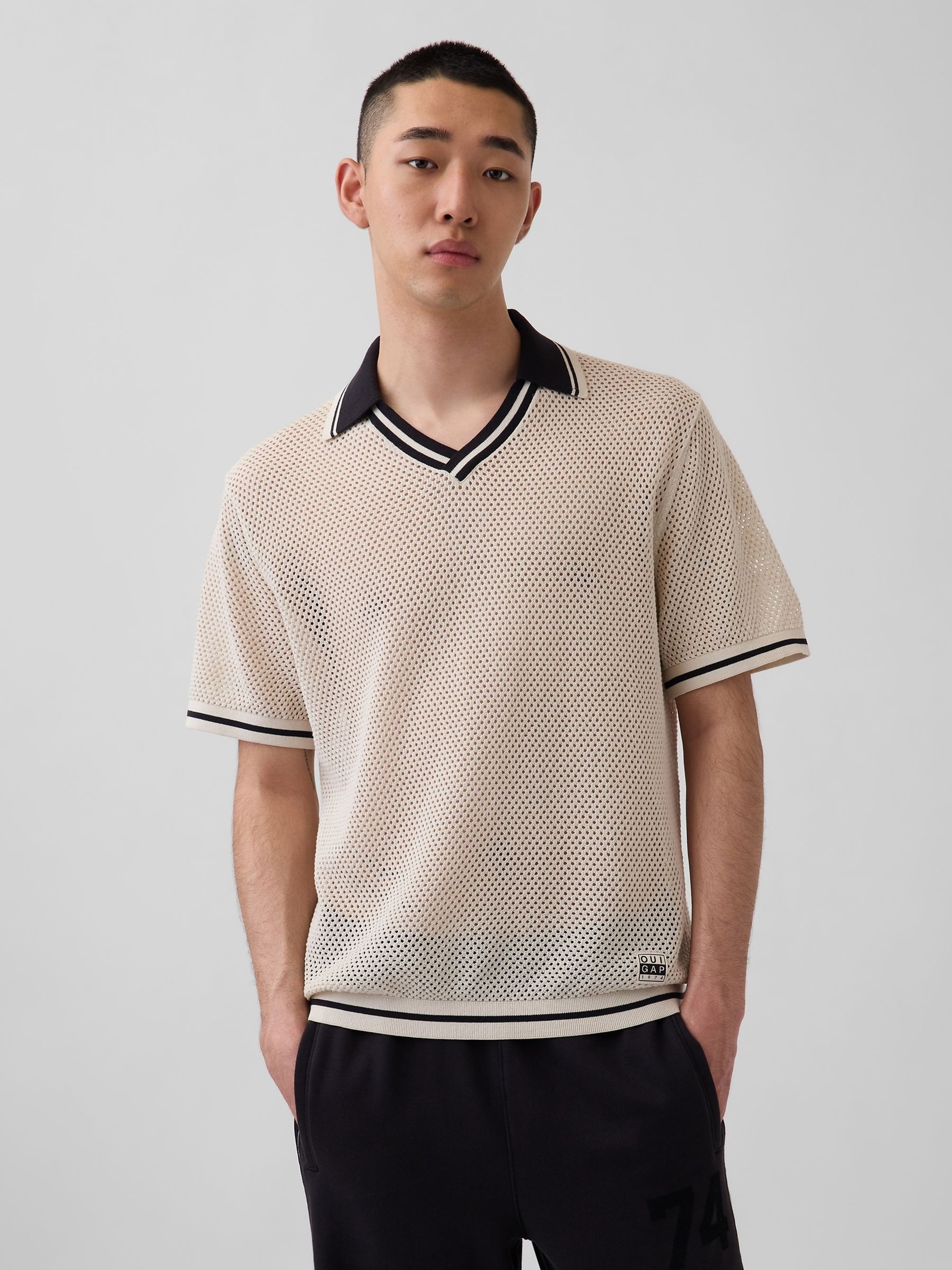OuiGap Cream Mesh Polo Shirt - Image 1 of 5 OuiGap Cream Mesh Polo Shirt - Image 1 of 5