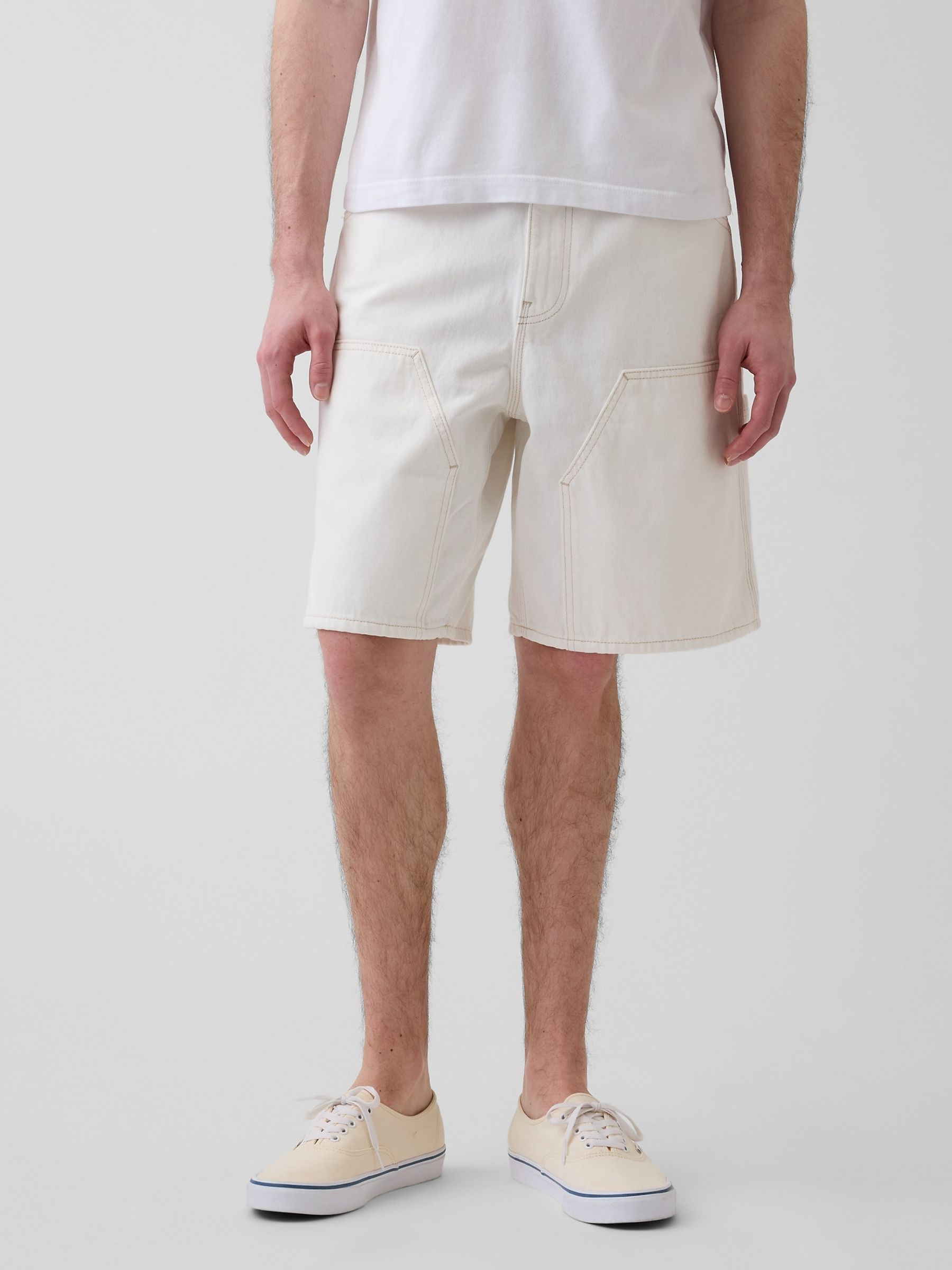 White 9 inch Loose Denim Carpenter Shorts - Image 1 of 6 White 9 inch Loose Denim Carpenter Shorts - Image 1 of 6