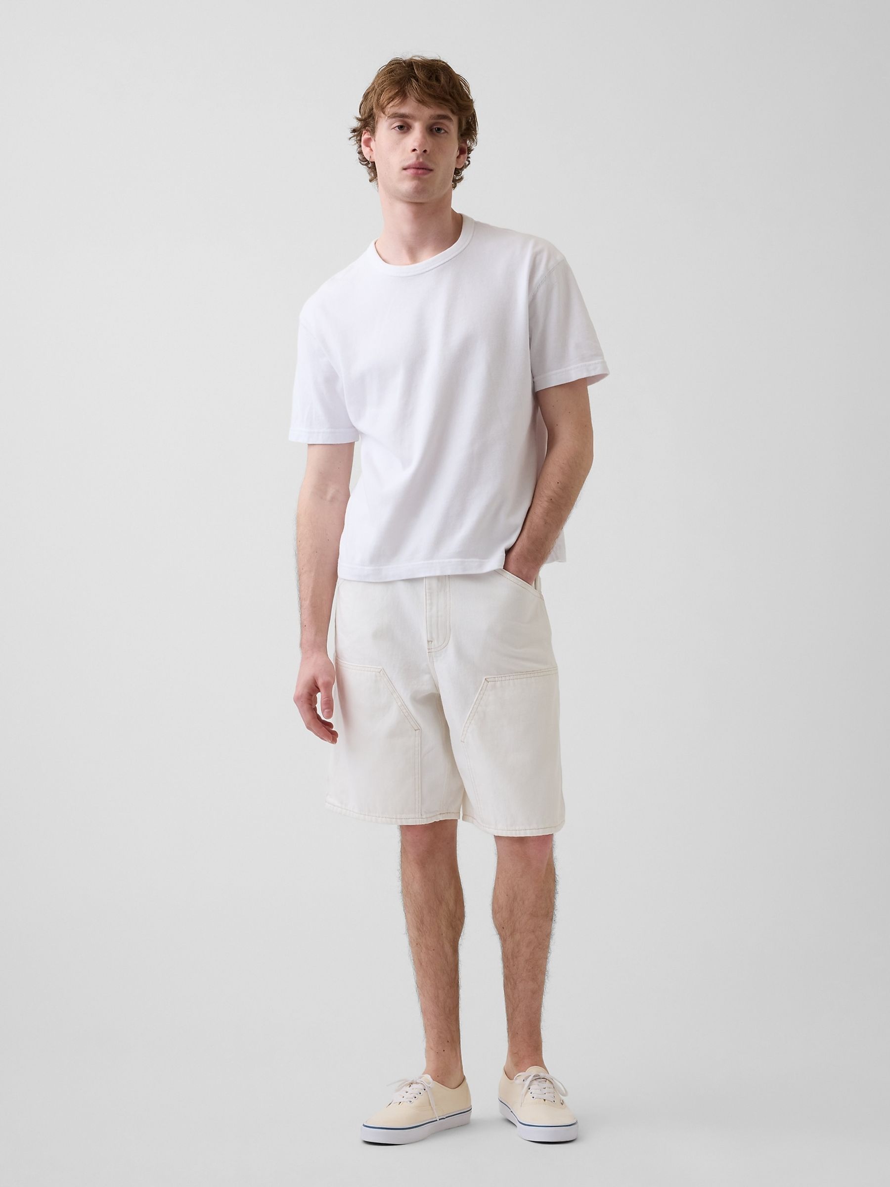 White 9 inch Loose Denim Carpenter Shorts - Image 4 of 6