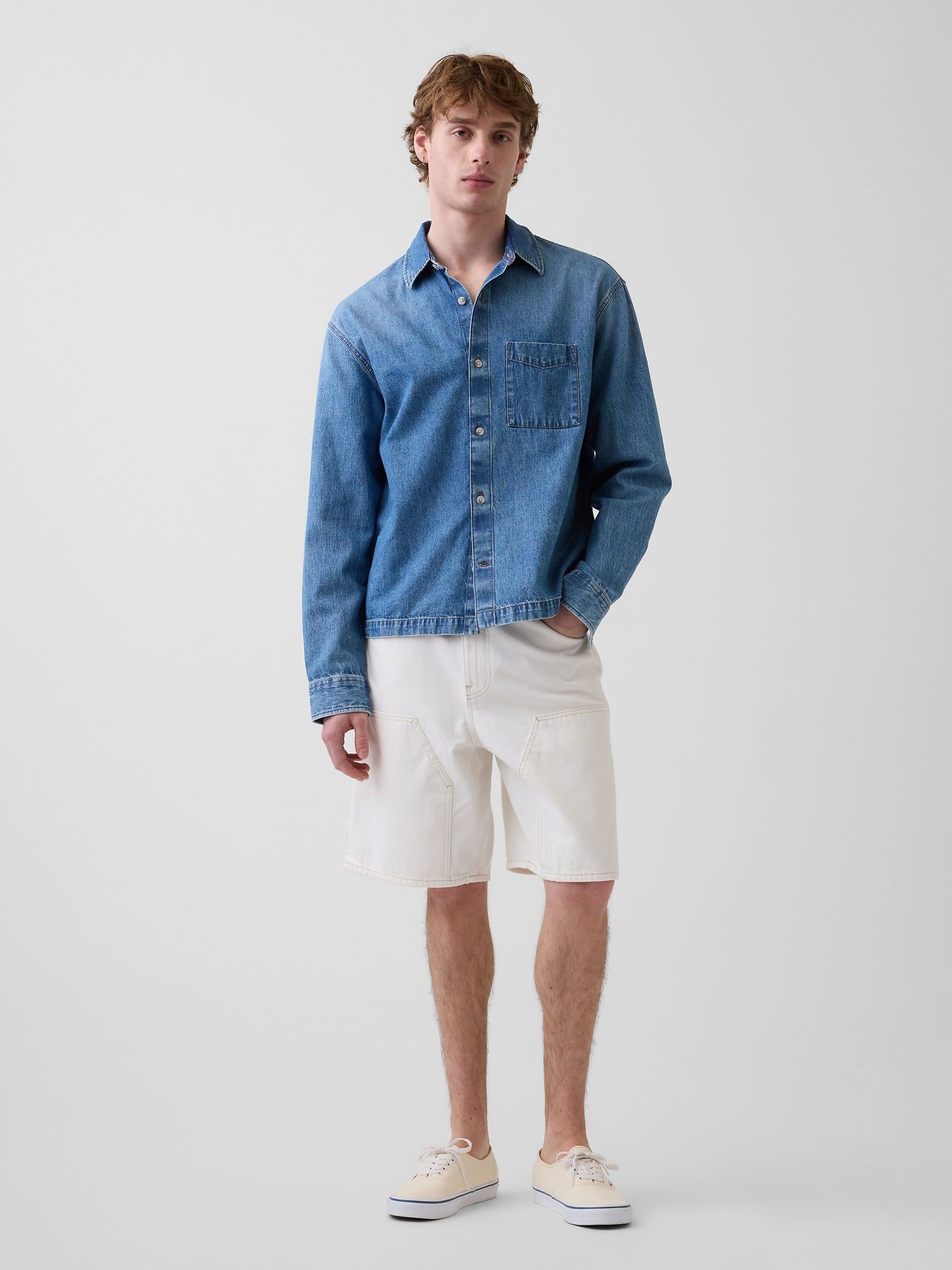 White 9 inch Loose Denim Carpenter Shorts - Image 5 of 6
