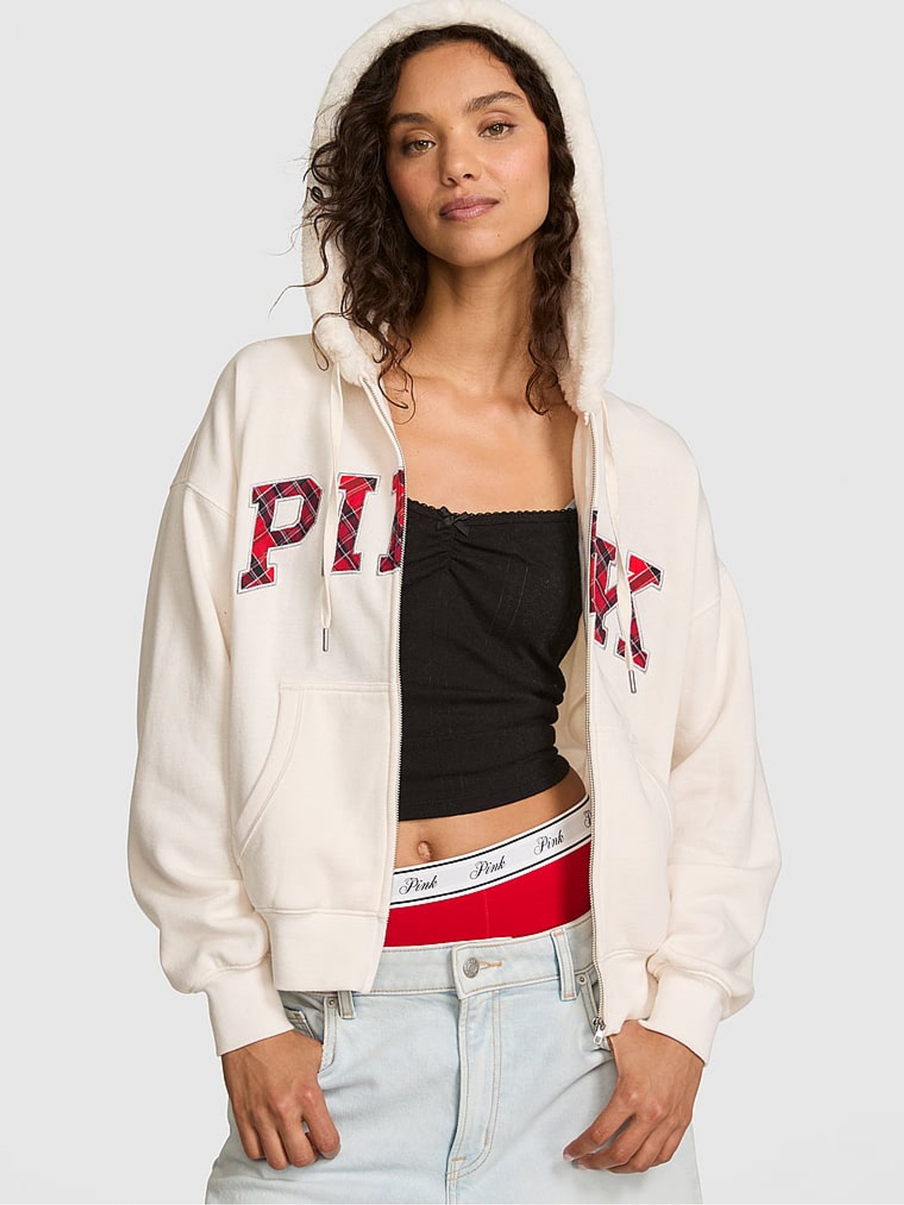 Cosy White Tartan Fleece Zip Up Hoodie - Image 2 of 4