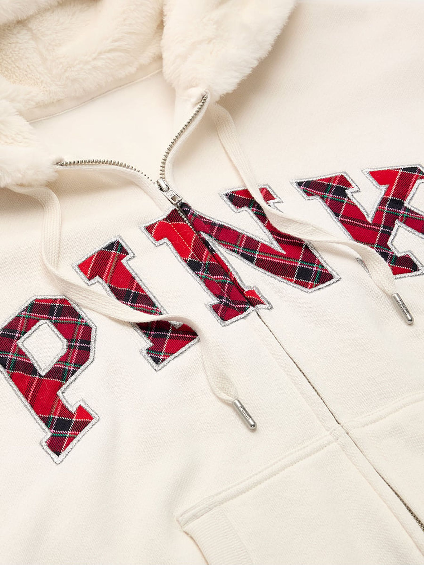 Cosy White Tartan Fleece Zip Up Hoodie - Image 4 of 4