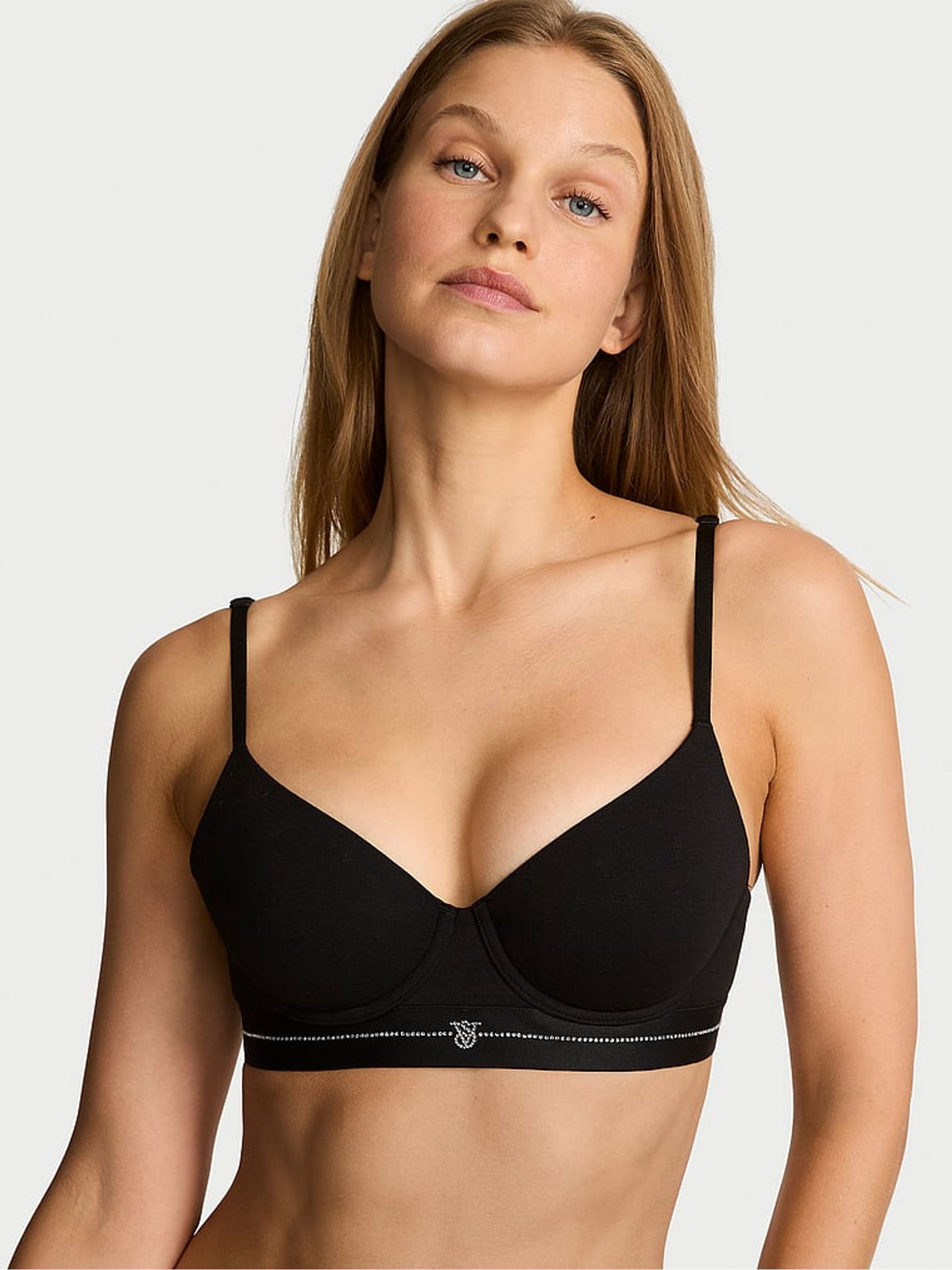 Black Lightly Lined Demi Shine Logo Cotton Bra - Image 1 of 2