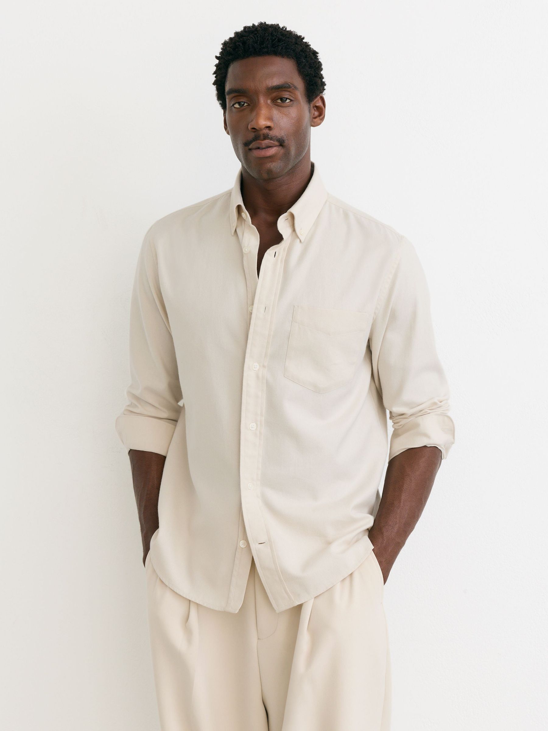 Cotton Flannel Button-Down Shirt Regular-Fit in Off White - Image 4 of 6