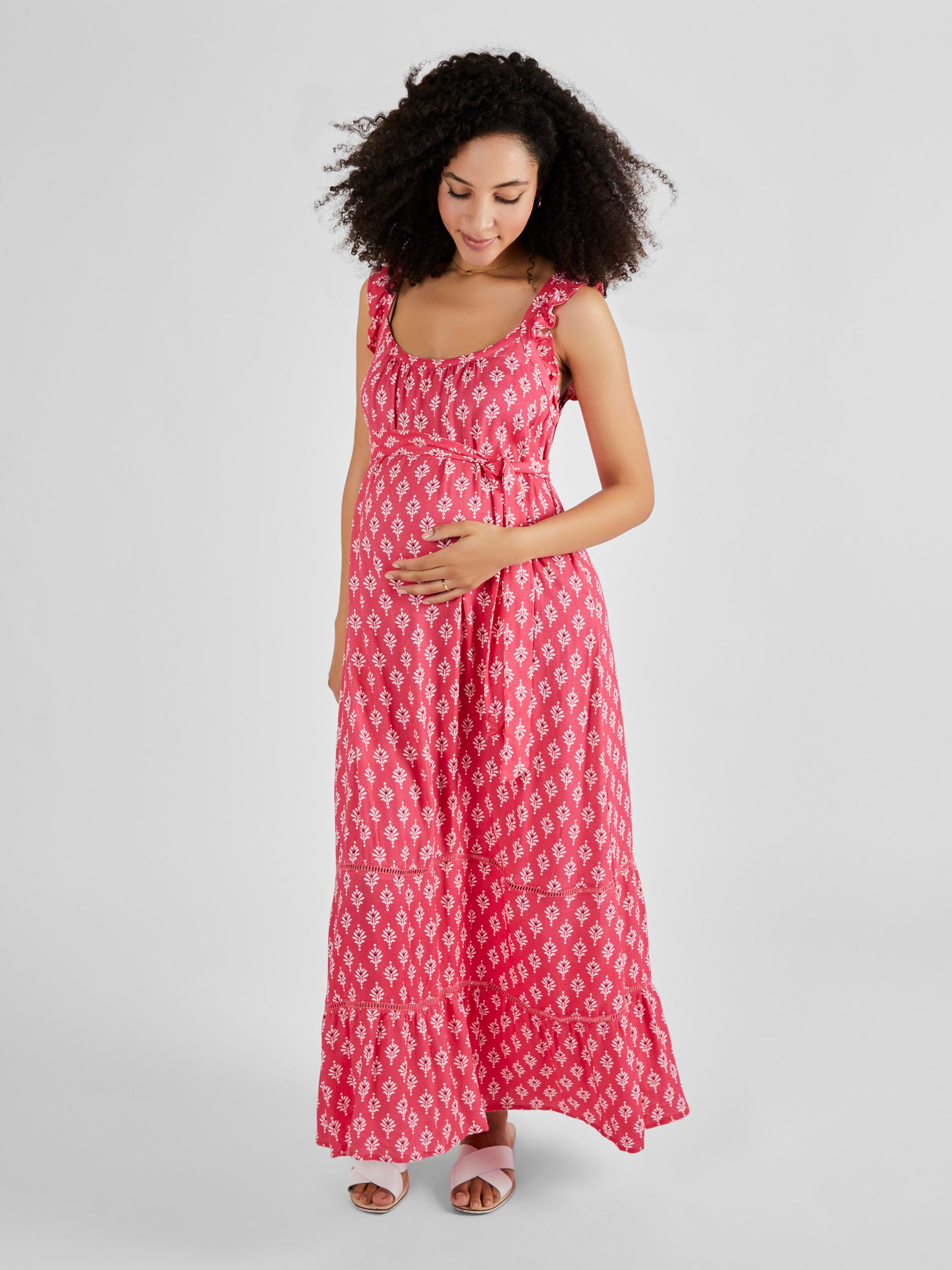 Pink Batik Print Flutter Sleeve Maternity Maxi Dress - Image 1 of 5