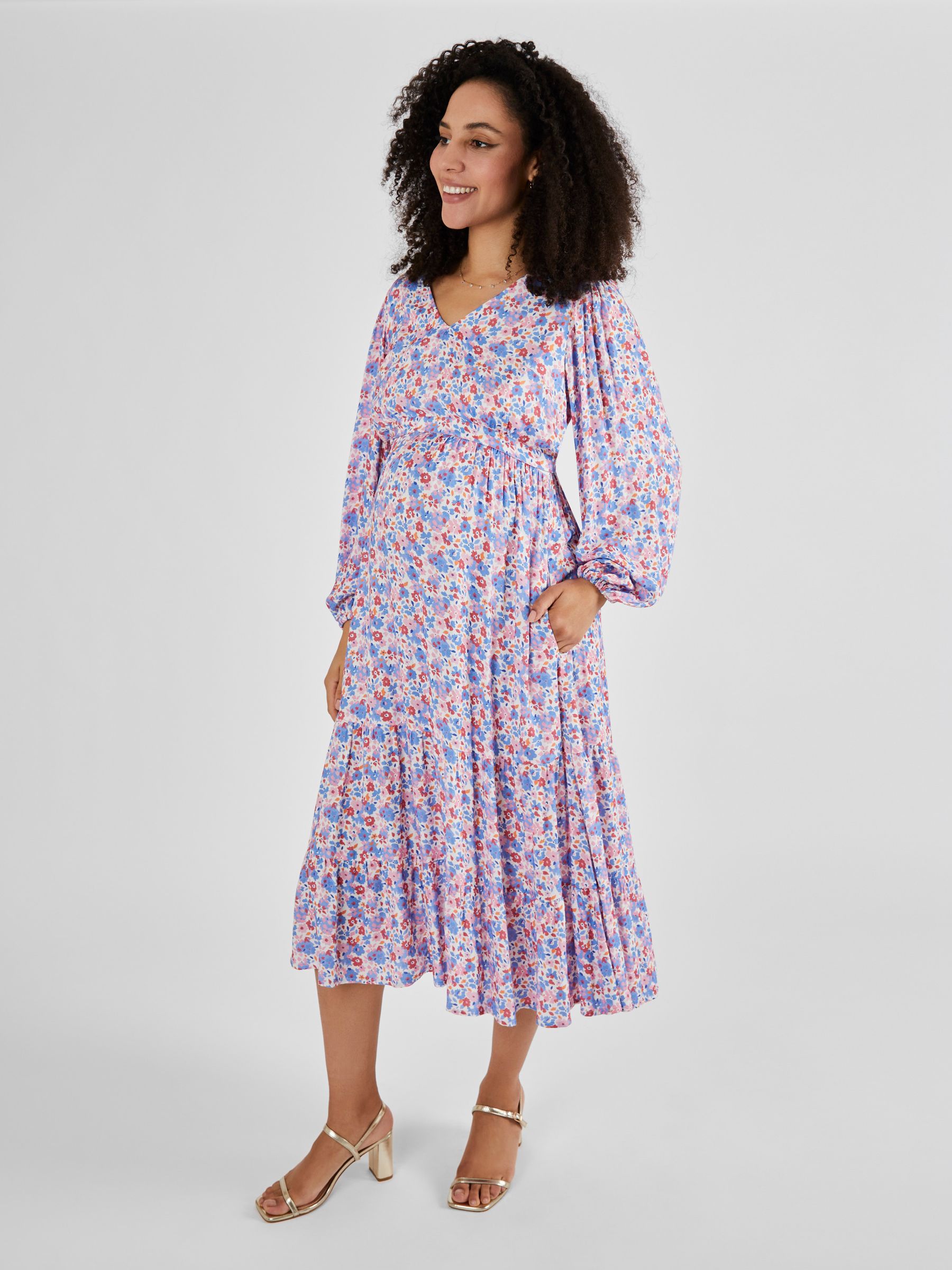 Blouson Sleeve Maternity & Nursing Maxi Dress in Multi - Image 1 of 5