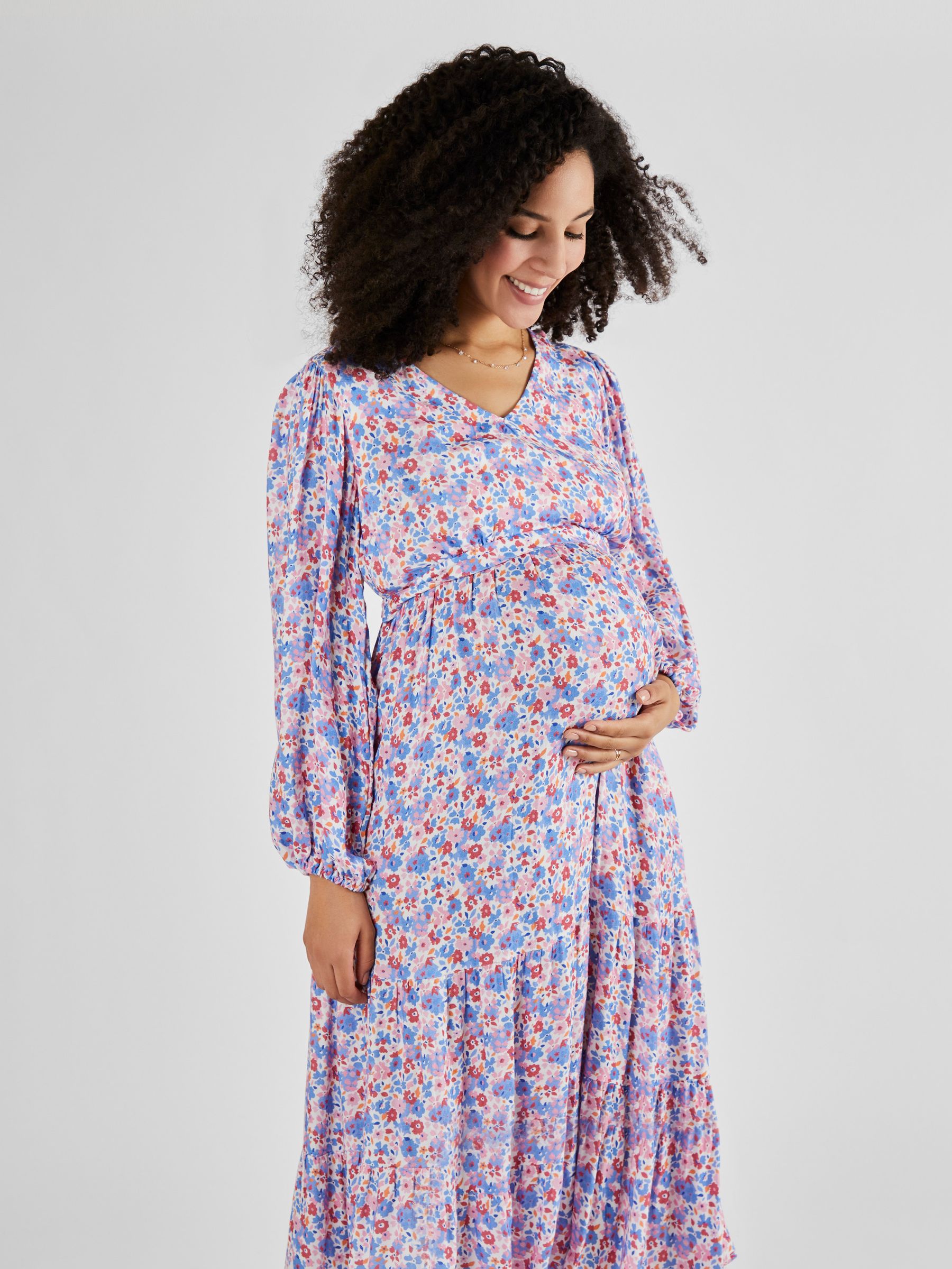 Blouson Sleeve Maternity & Nursing Maxi Dress in Multi - Image 3 of 5