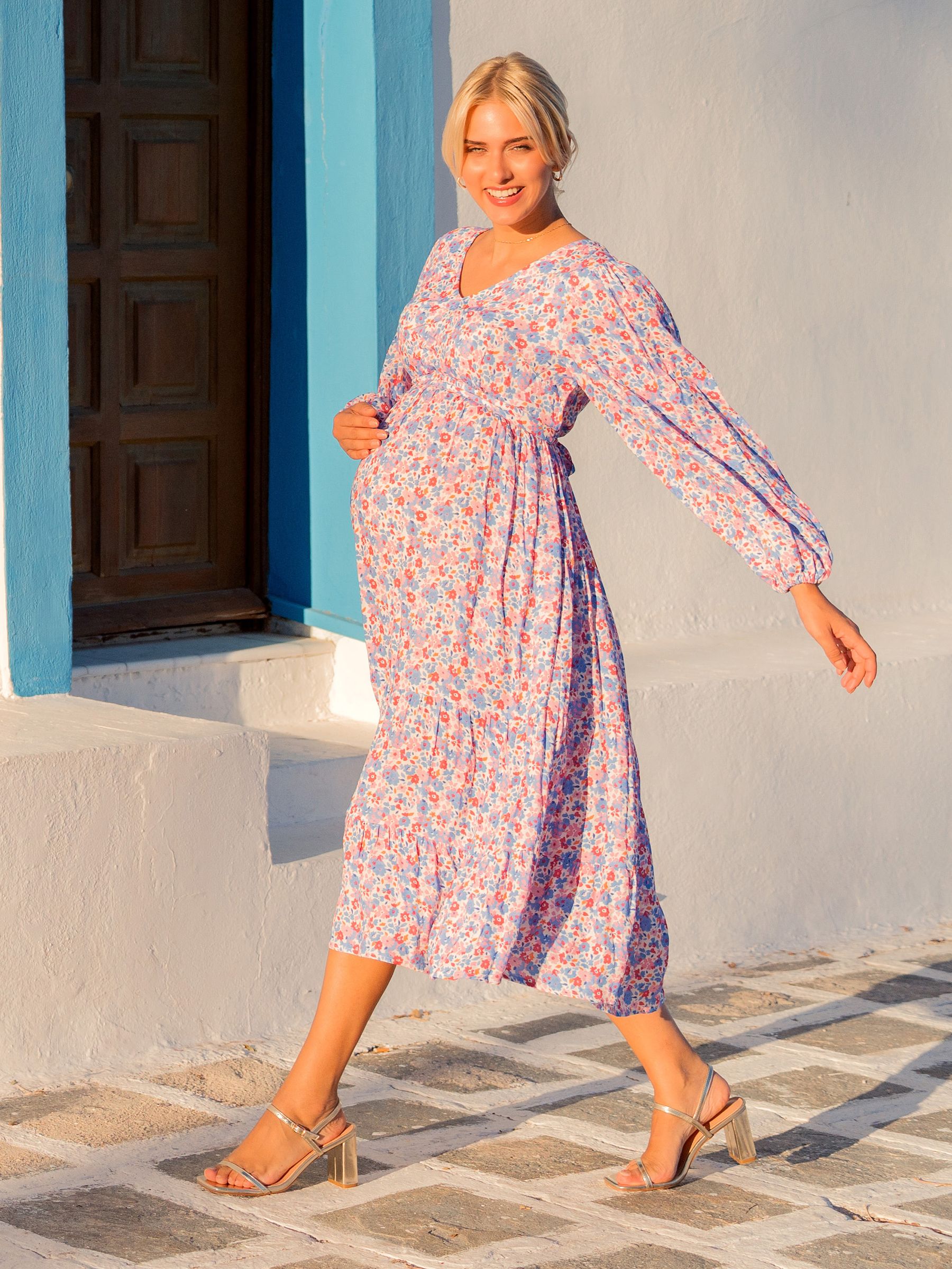 Blouson Sleeve Maternity & Nursing Maxi Dress in Multi - Image 5 of 5