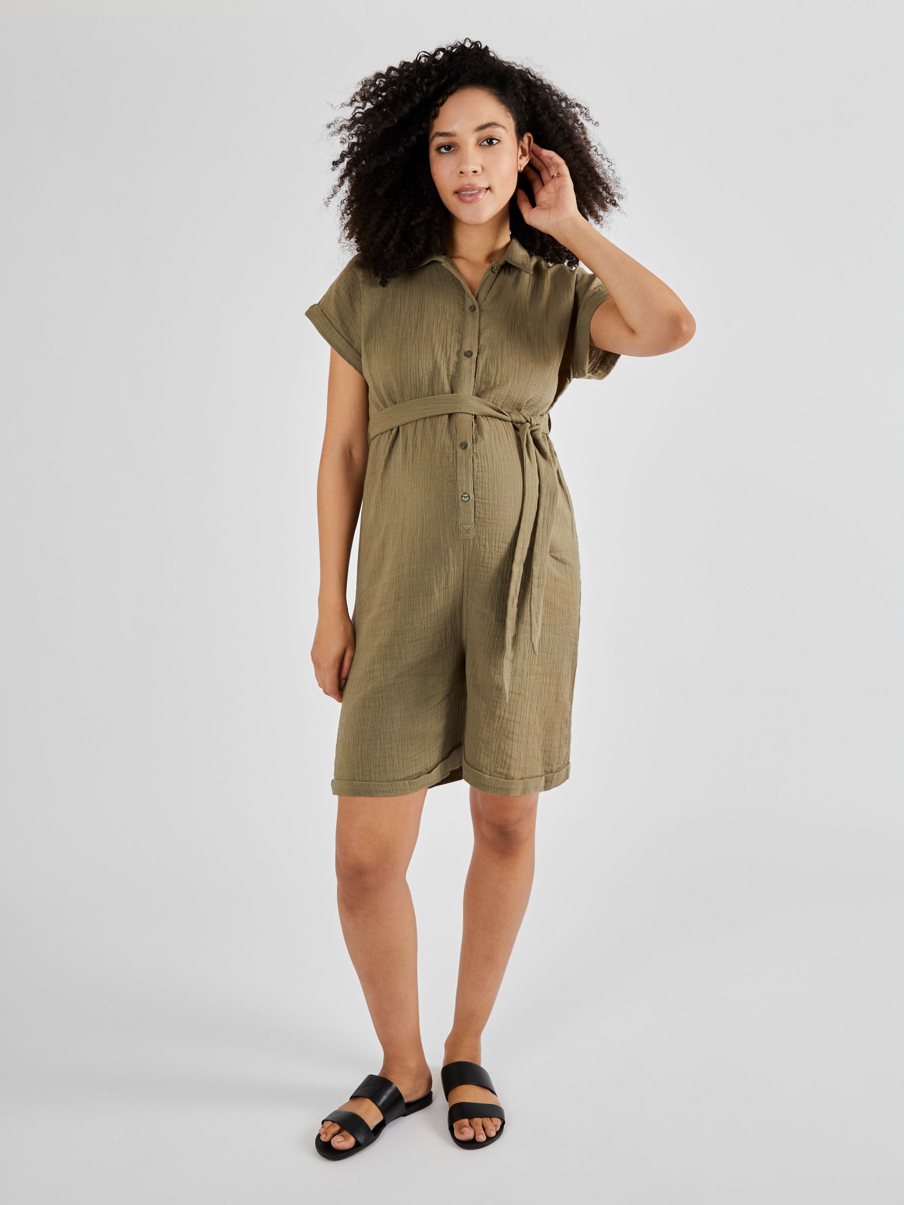 Cotton Maternity Playsuit in Khaki - Image 1 of 5