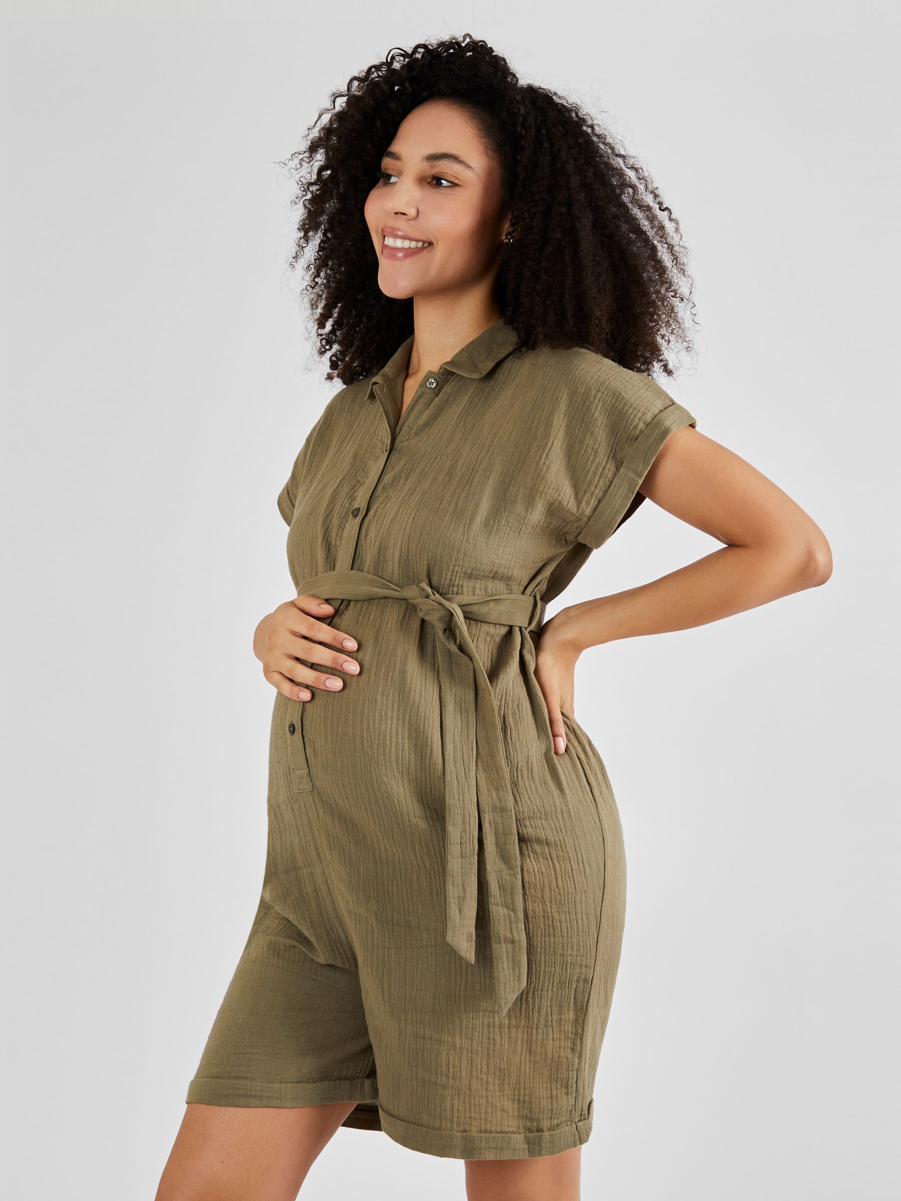 Cotton Maternity Playsuit in Khaki - Image 3 of 5
