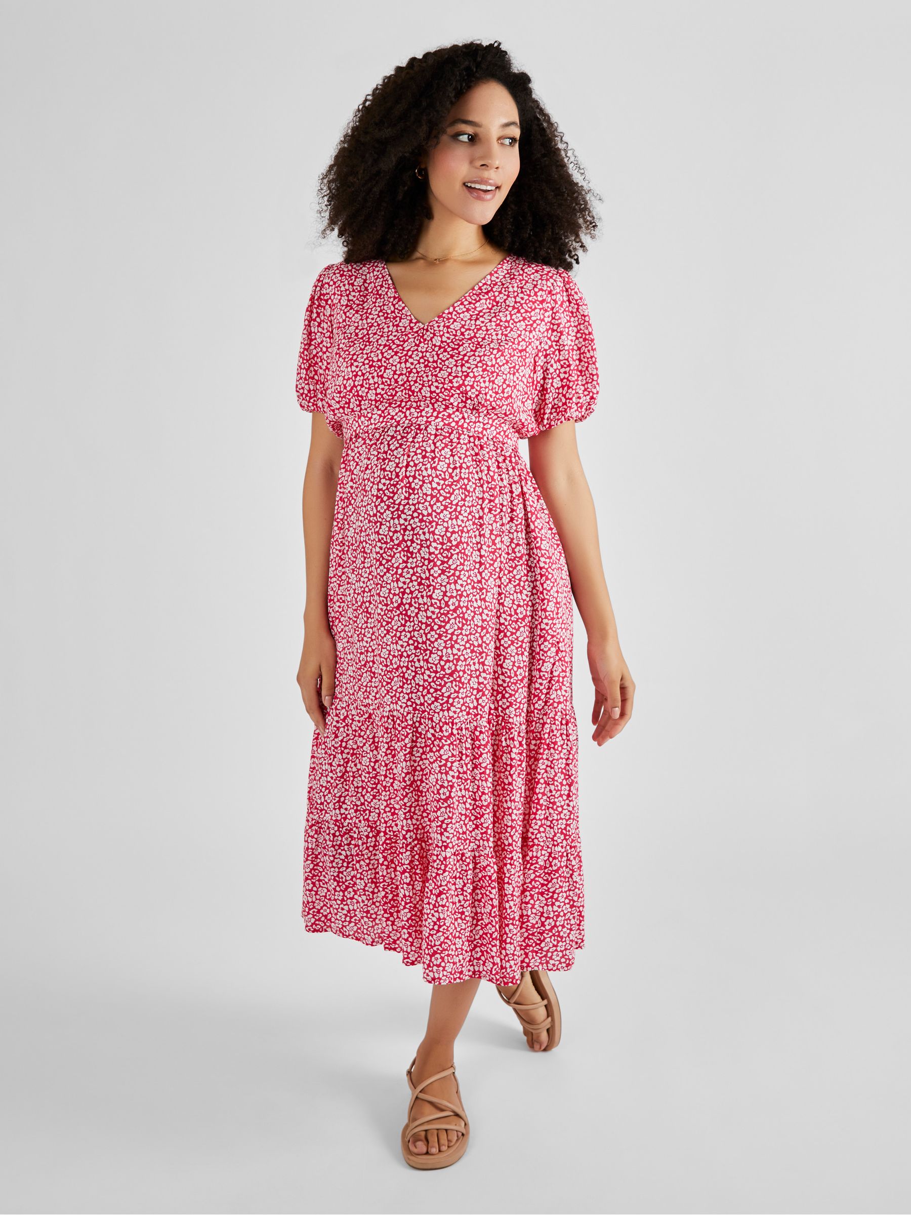 Pink Floral Print Tiered Maternity and Nursing Midi Dress - Image 1 of 5