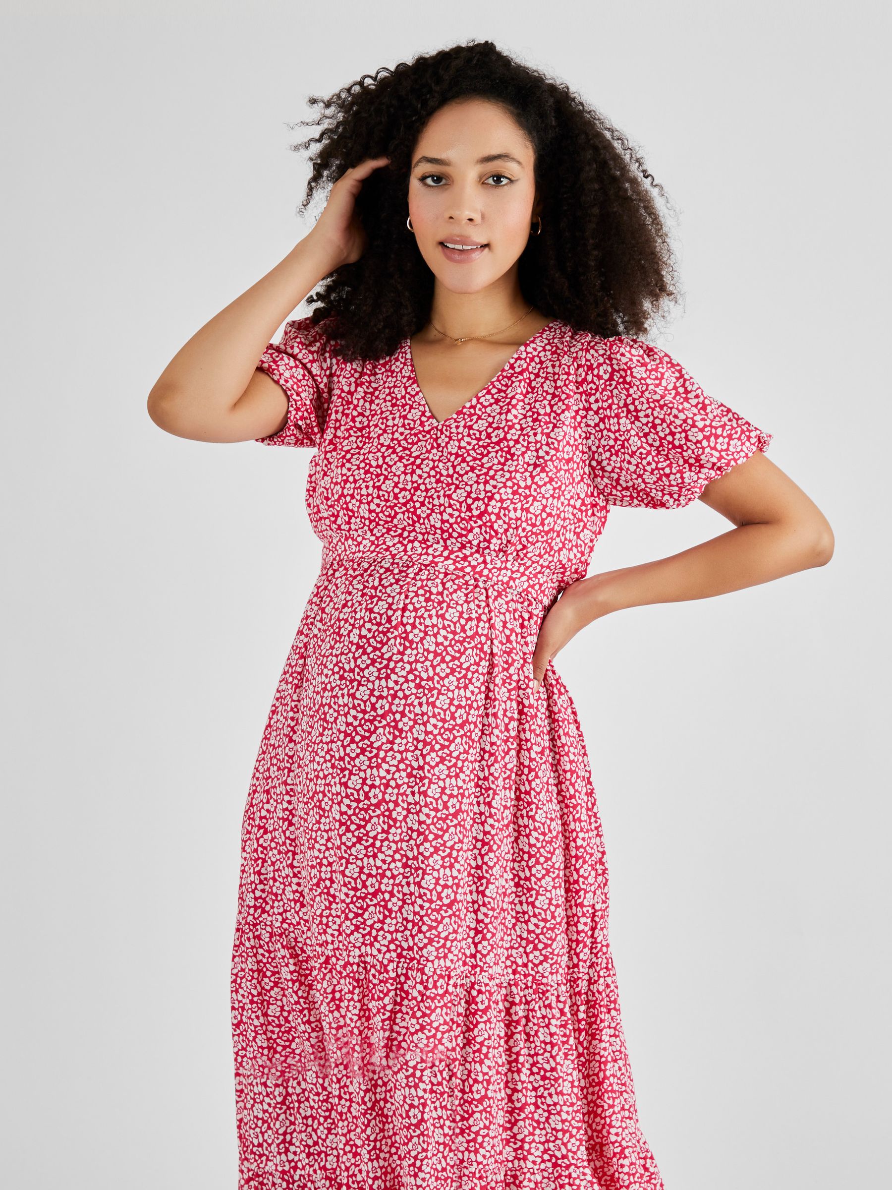 Pink Floral Print Tiered Maternity and Nursing Midi Dress - Image 3 of 5