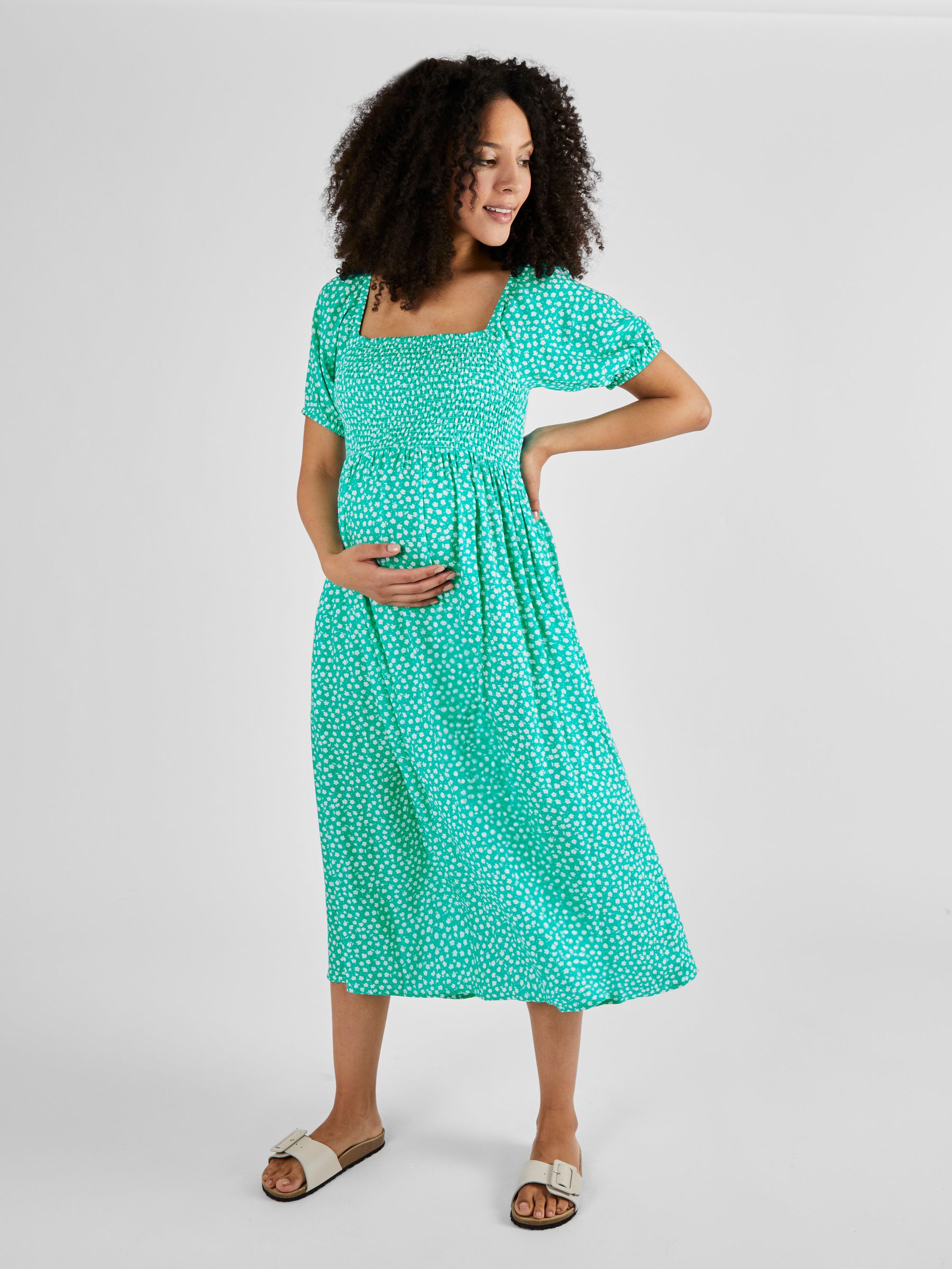 Green Ditsy Shirred Maternity Midi Dress - Image 1 of 5