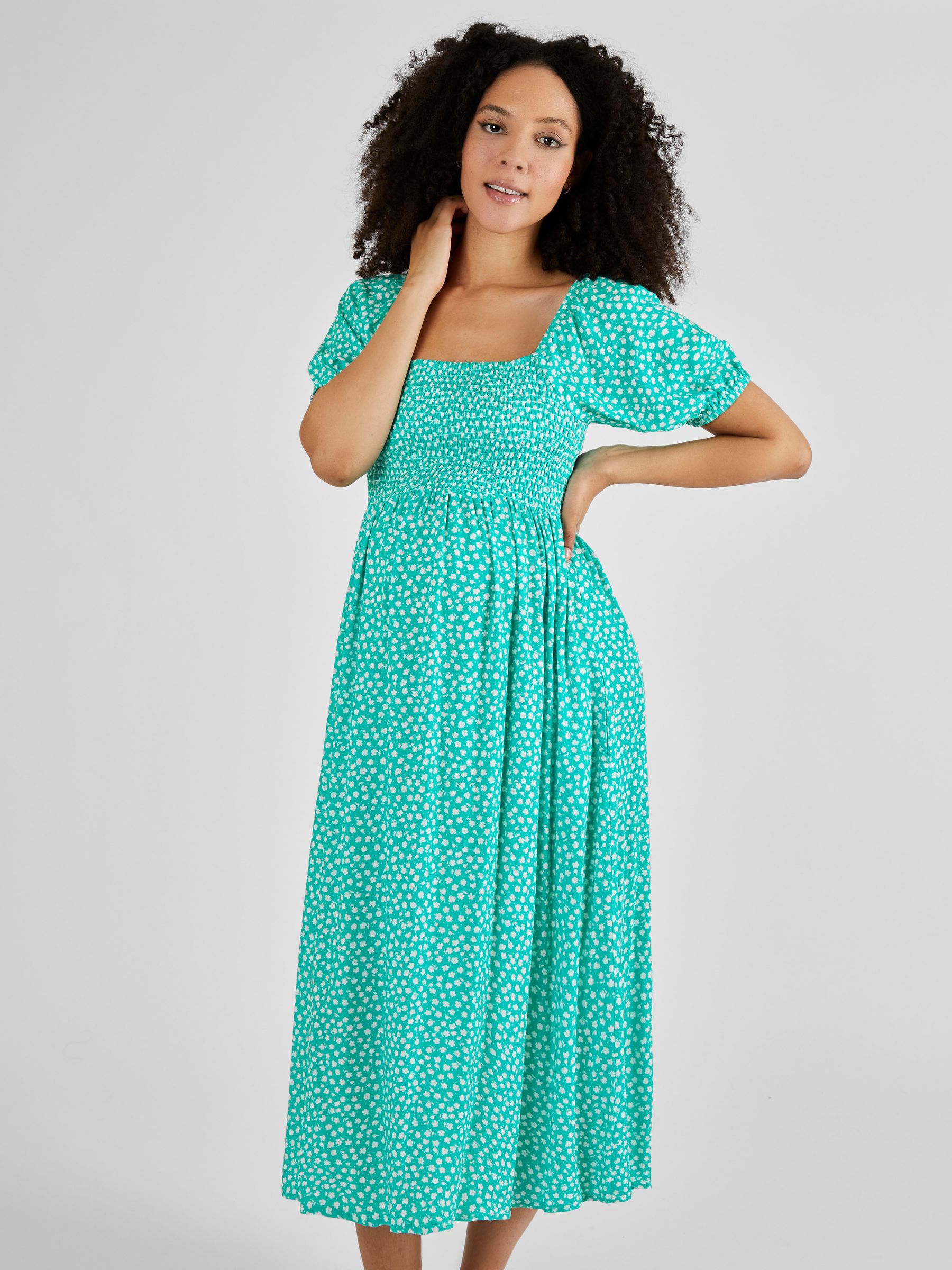 Green Ditsy Shirred Maternity Midi Dress - Image 2 of 5