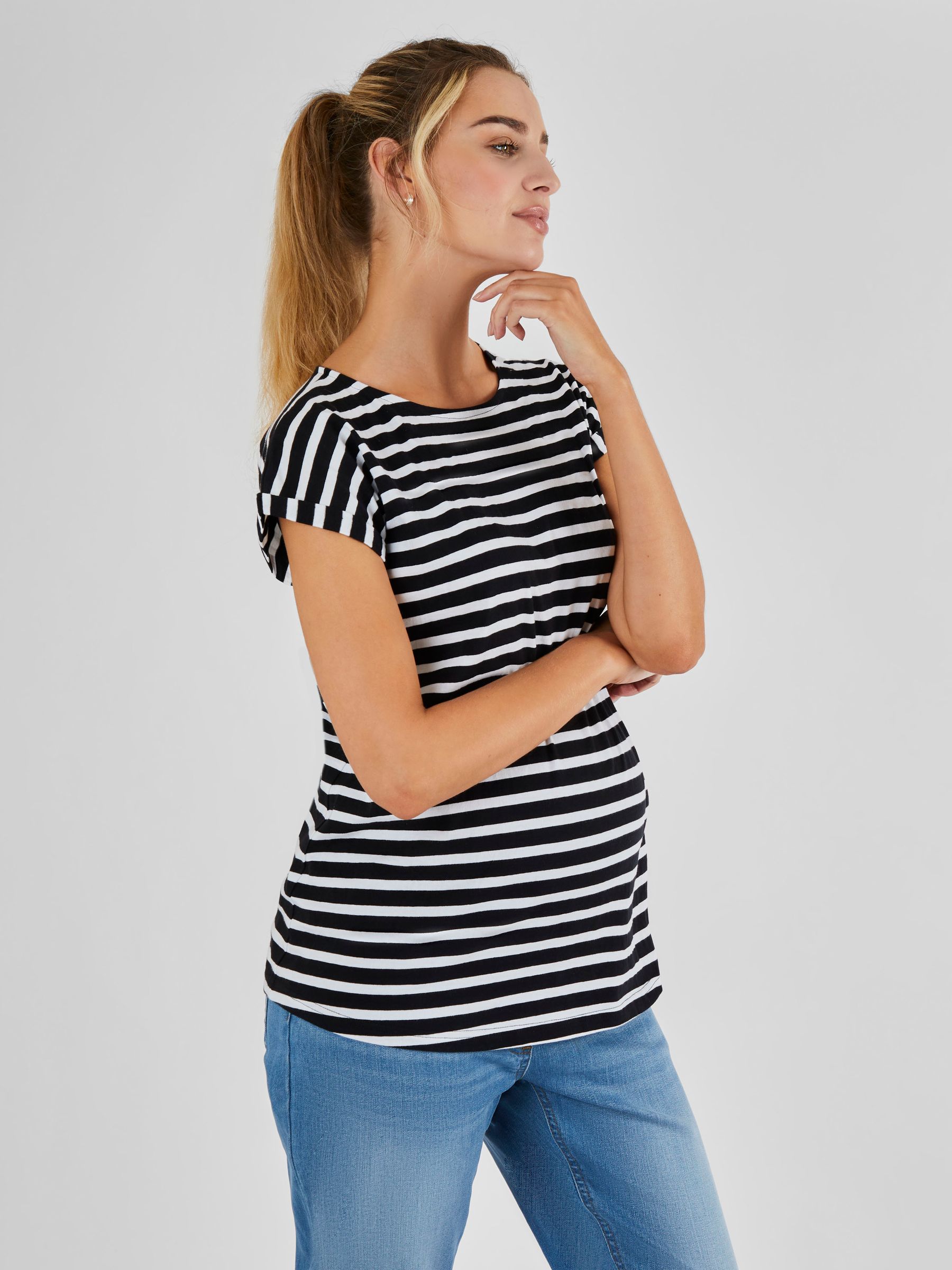 Black White Stripe Boyfriend Cotton Maternity T-Shirt - Image 1 of 5
